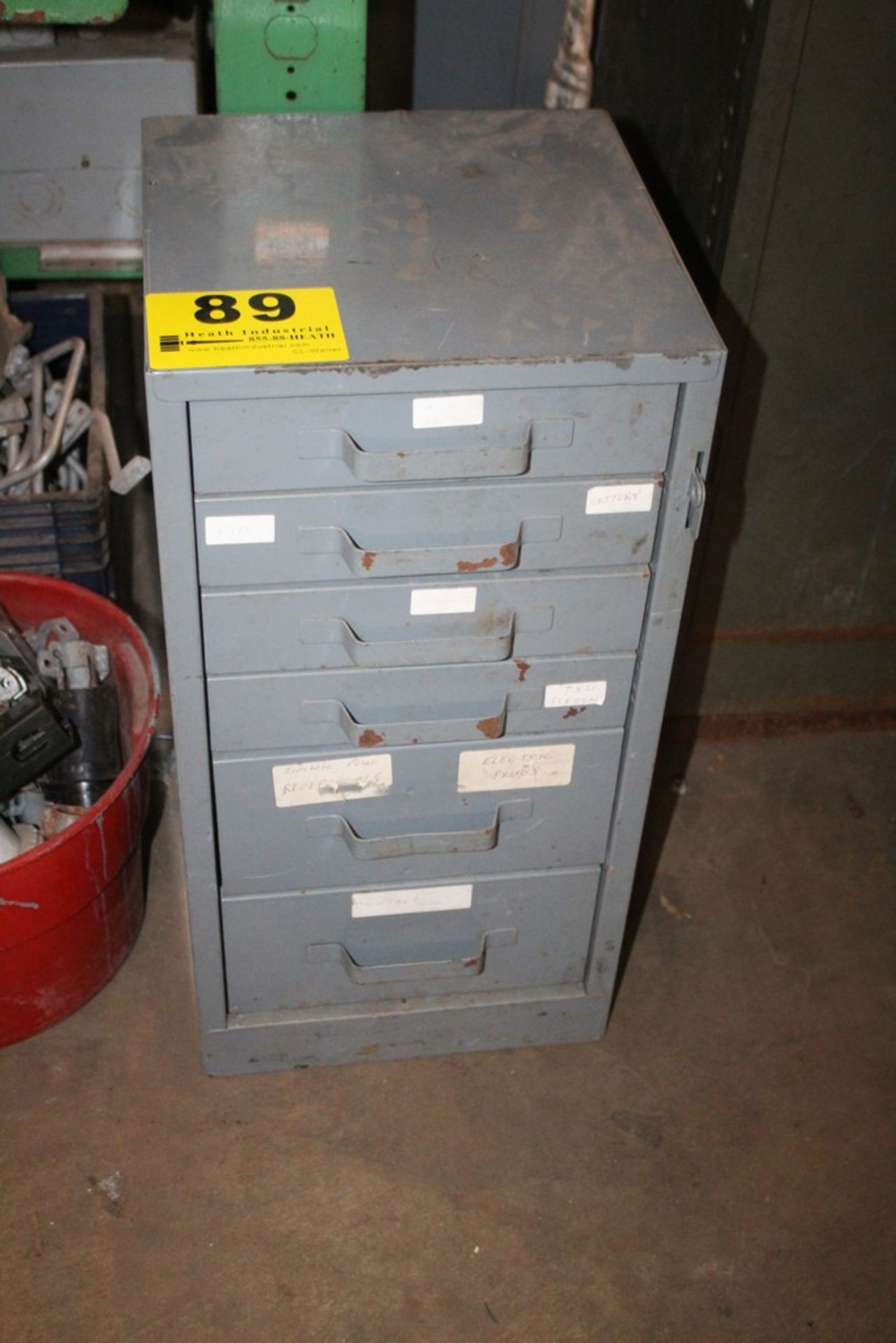 SIX DRAWER STEEL CABINET WTH CONTENTS (ASSORTED ELECTRICAL)