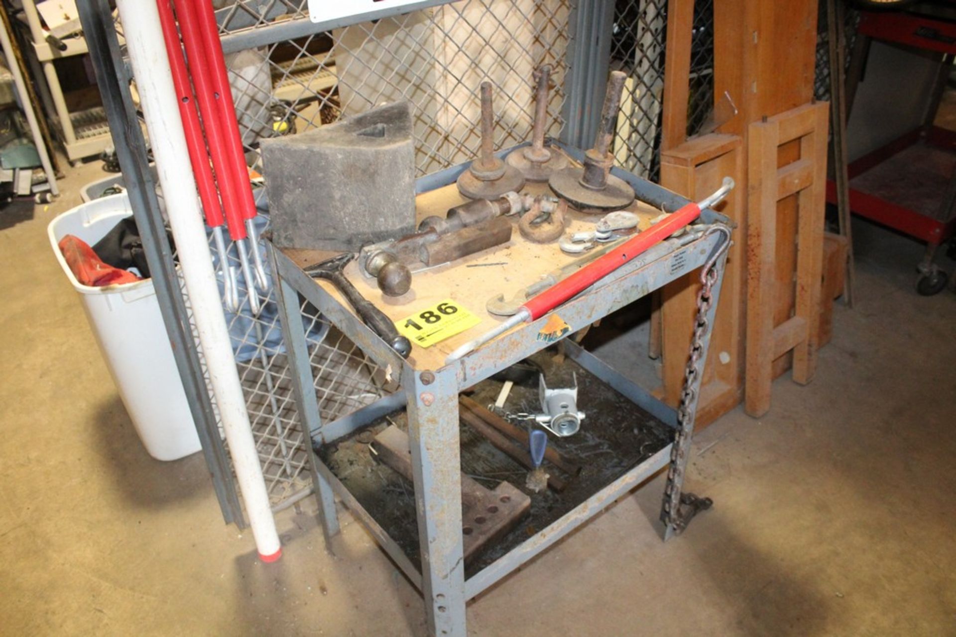 STEEL SHOP TABLE WITH PLOW SHOES, TURN BUCKLES, ETC, 24" X 18" X 30"