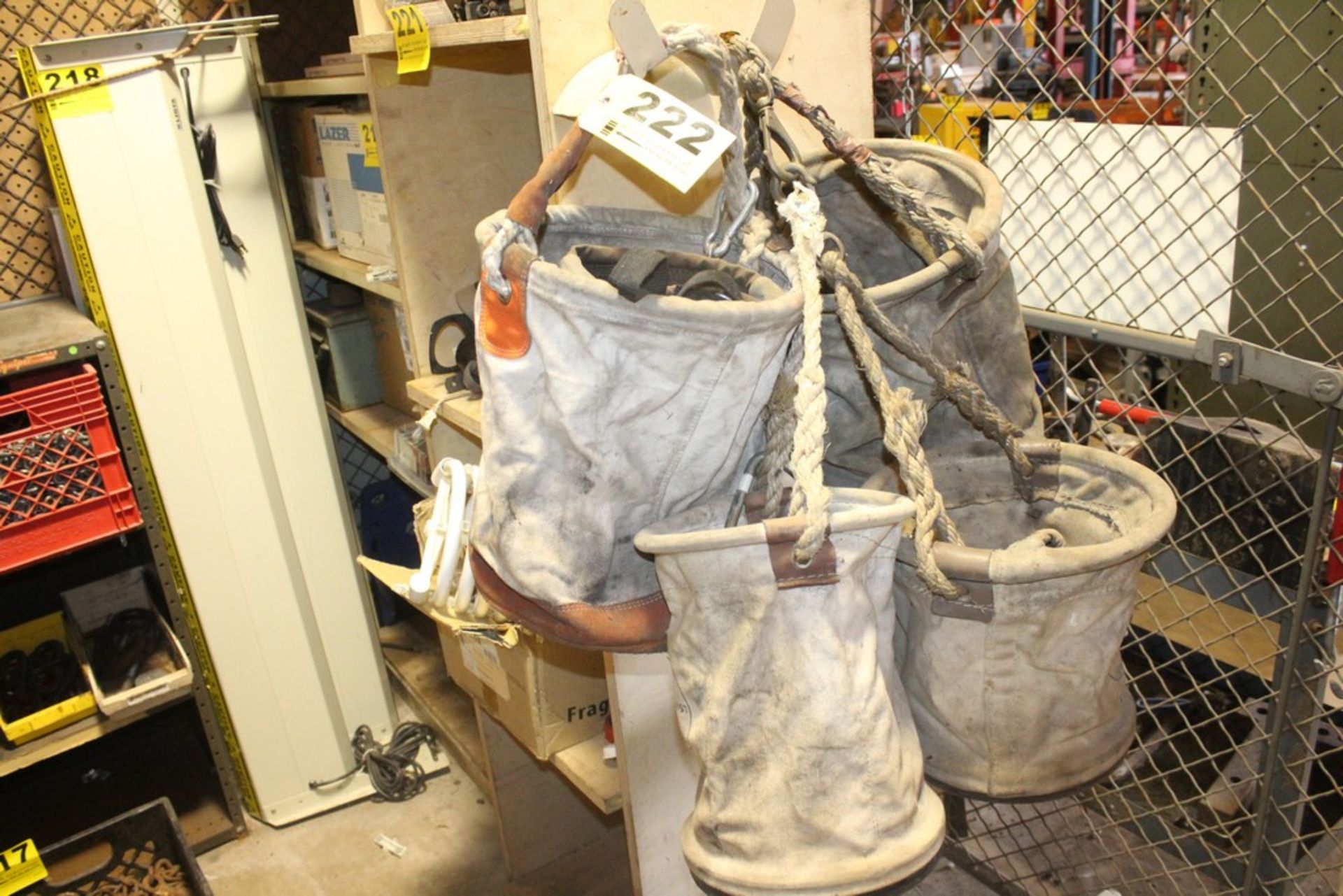 ASSORTED CANVAS BAGS HANGING & TOOL BAGS IN PAIL