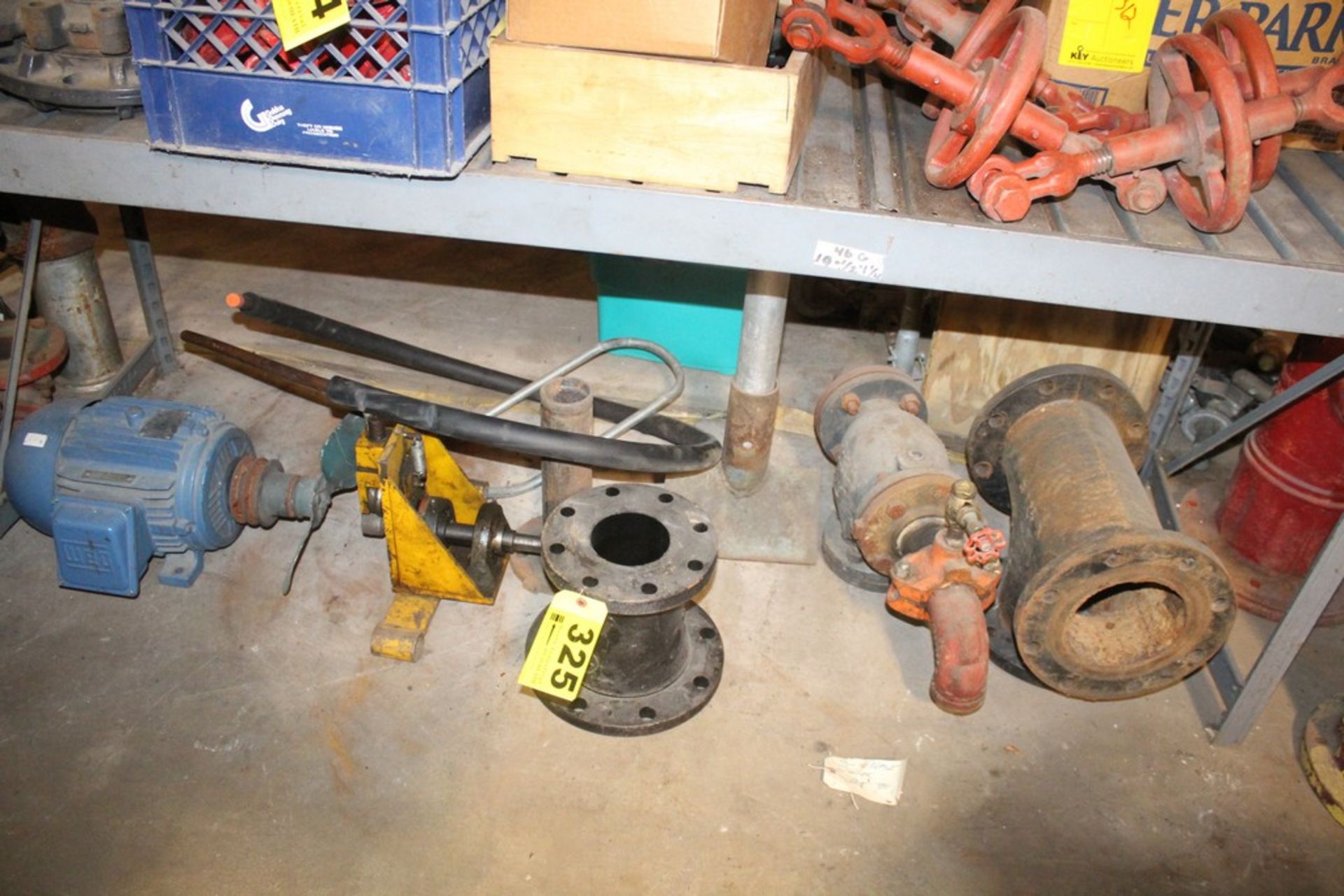 ASSORTED PIPE SUPPLIES & ELECTRIC MOTOR ON FLOOR