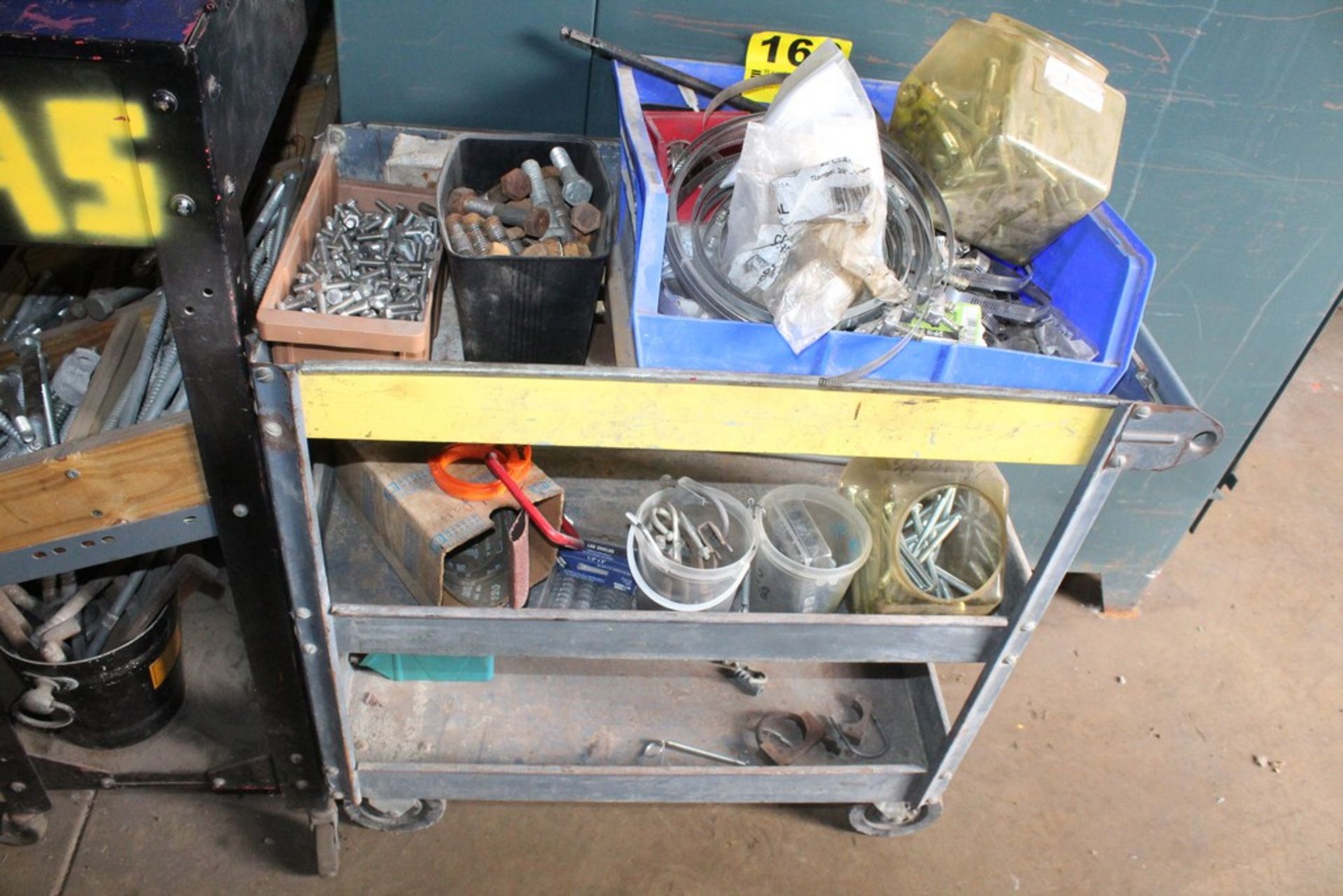 ASSORTED HARDWARE ON CART W/ PORTABLE SHOP CART, 30" X 16" X 32"