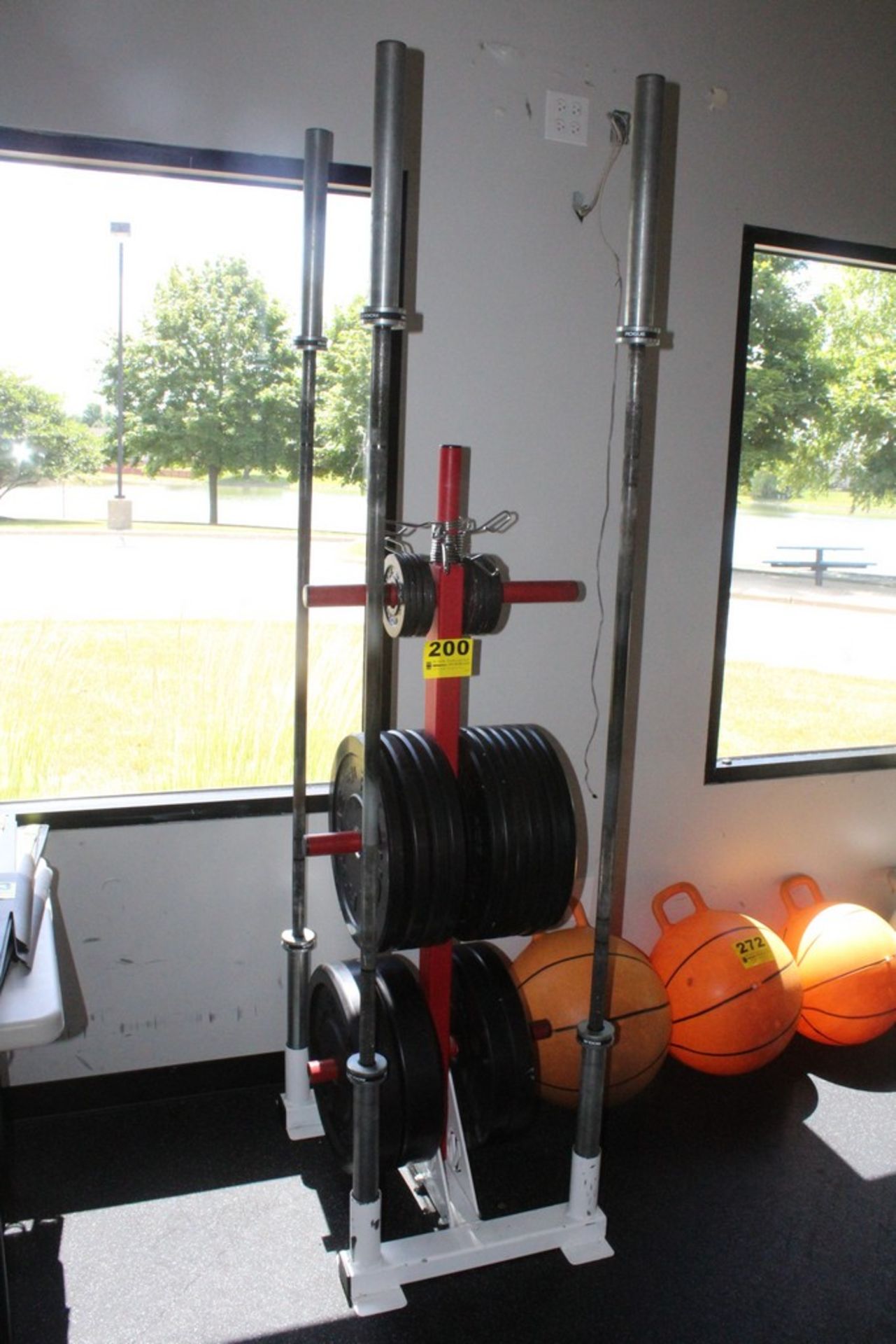(3) ROGUE OLYMPIC BARS WITH RACK AND ASSORTED PLATES