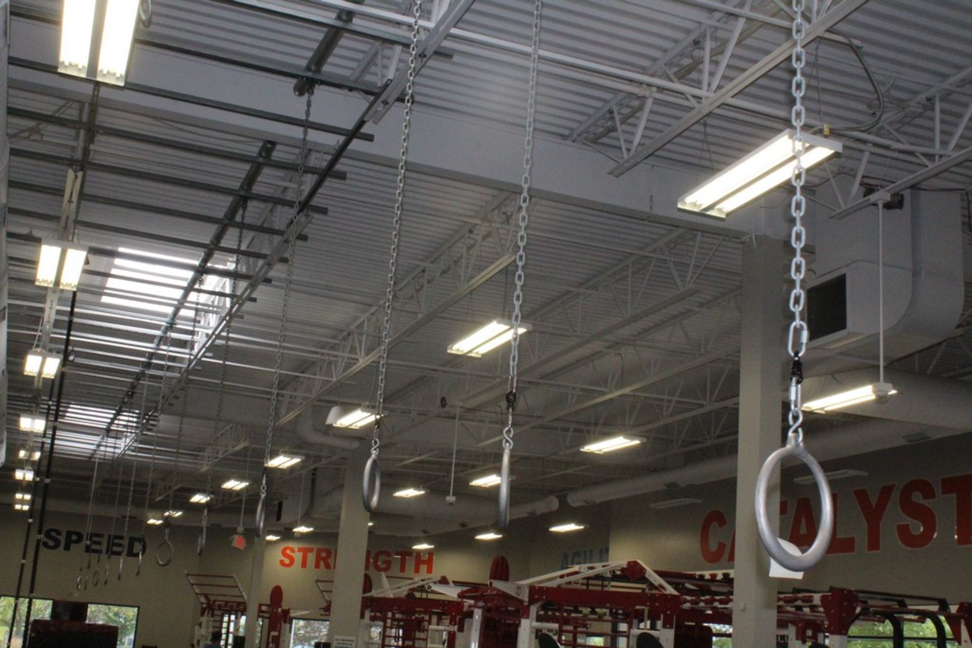 (15) SUSPENDED GYM HOOPS WITH (2) CLIMBING ROPES AND BELLS