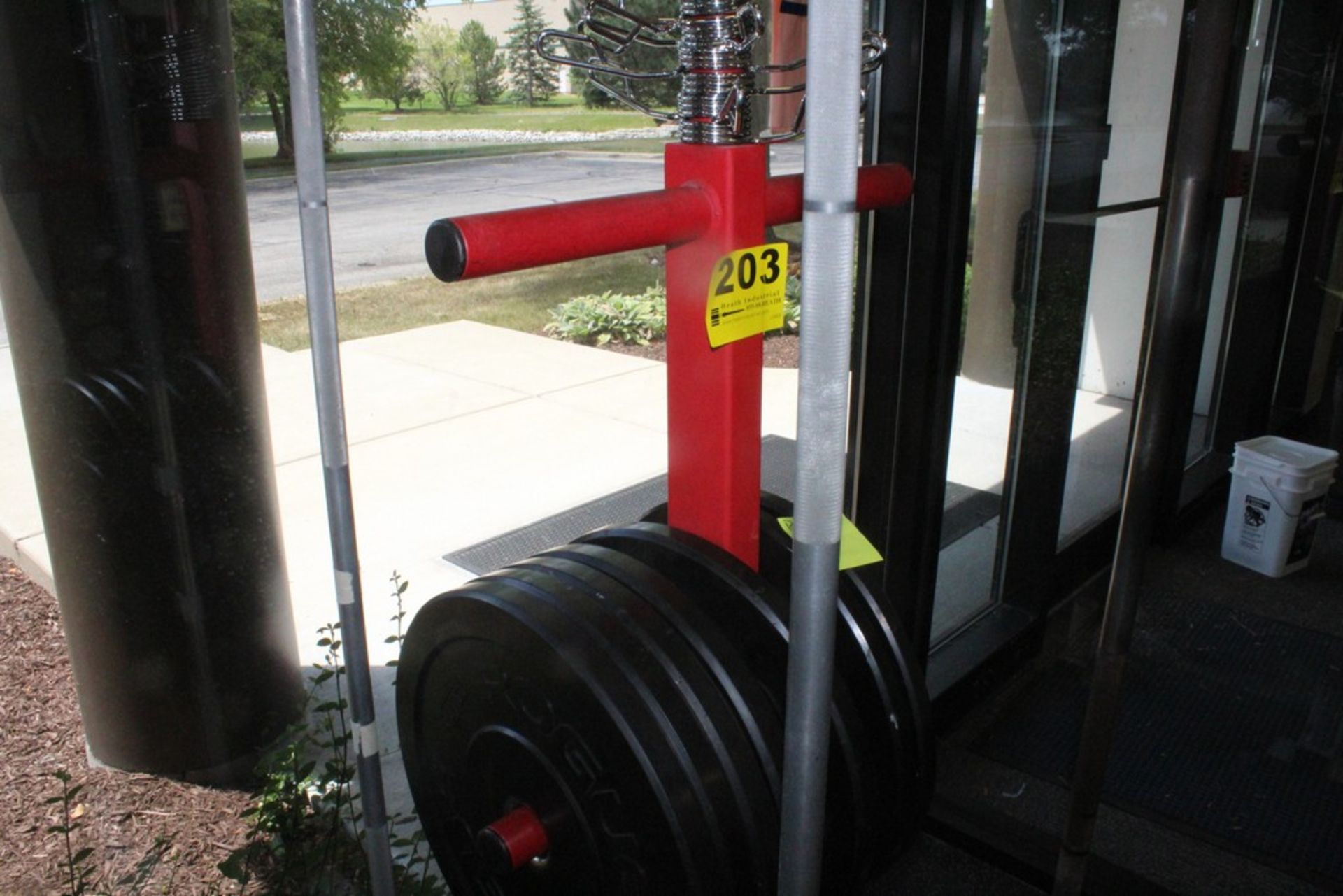 (3) ASSORTED WEIGHT BARS WITH MOVESTRONG RACK AND ROGUE PLATES - Image 2 of 3