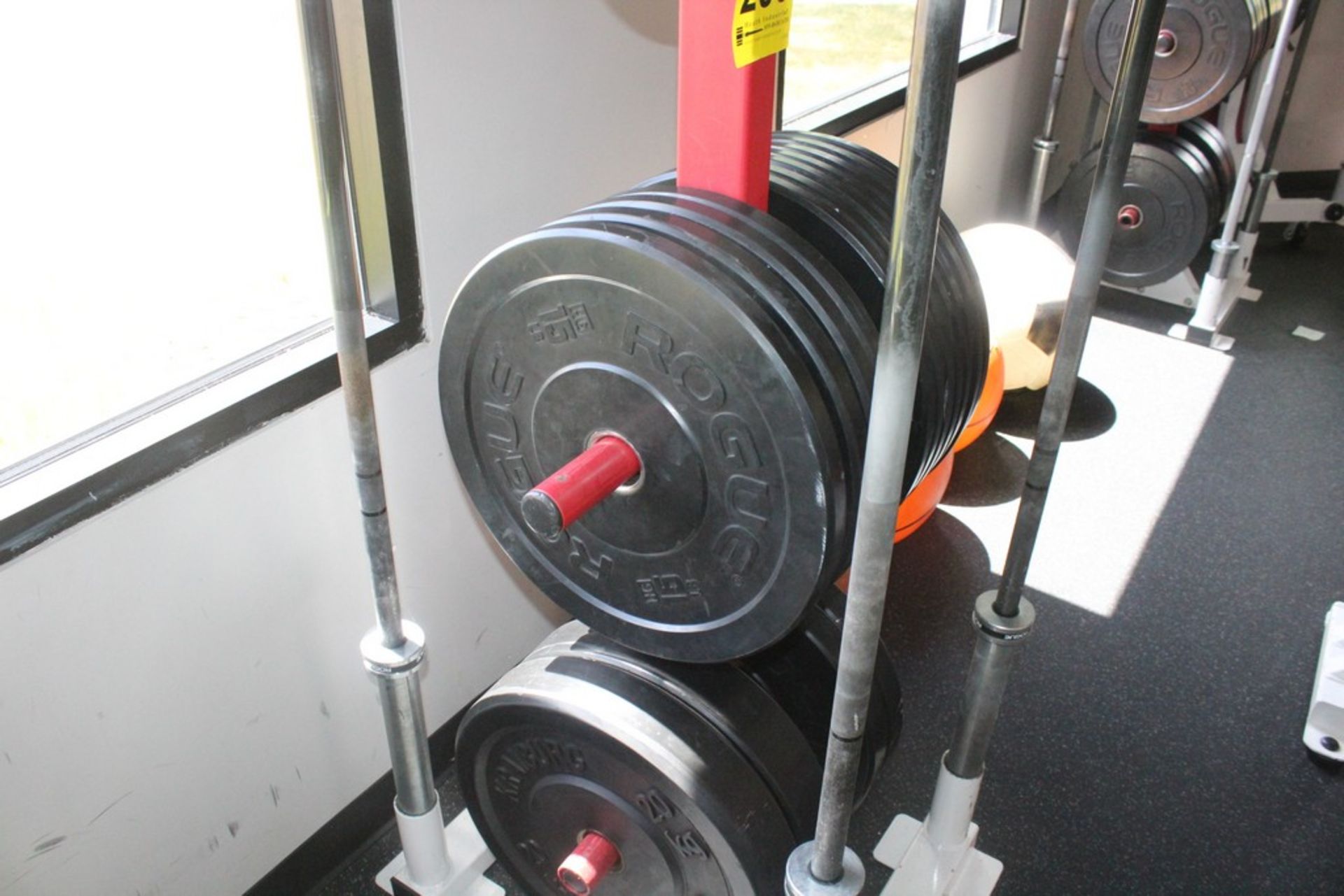 (3) ROGUE OLYMPIC BARS WITH RACK AND ASSORTED PLATES - Image 3 of 4