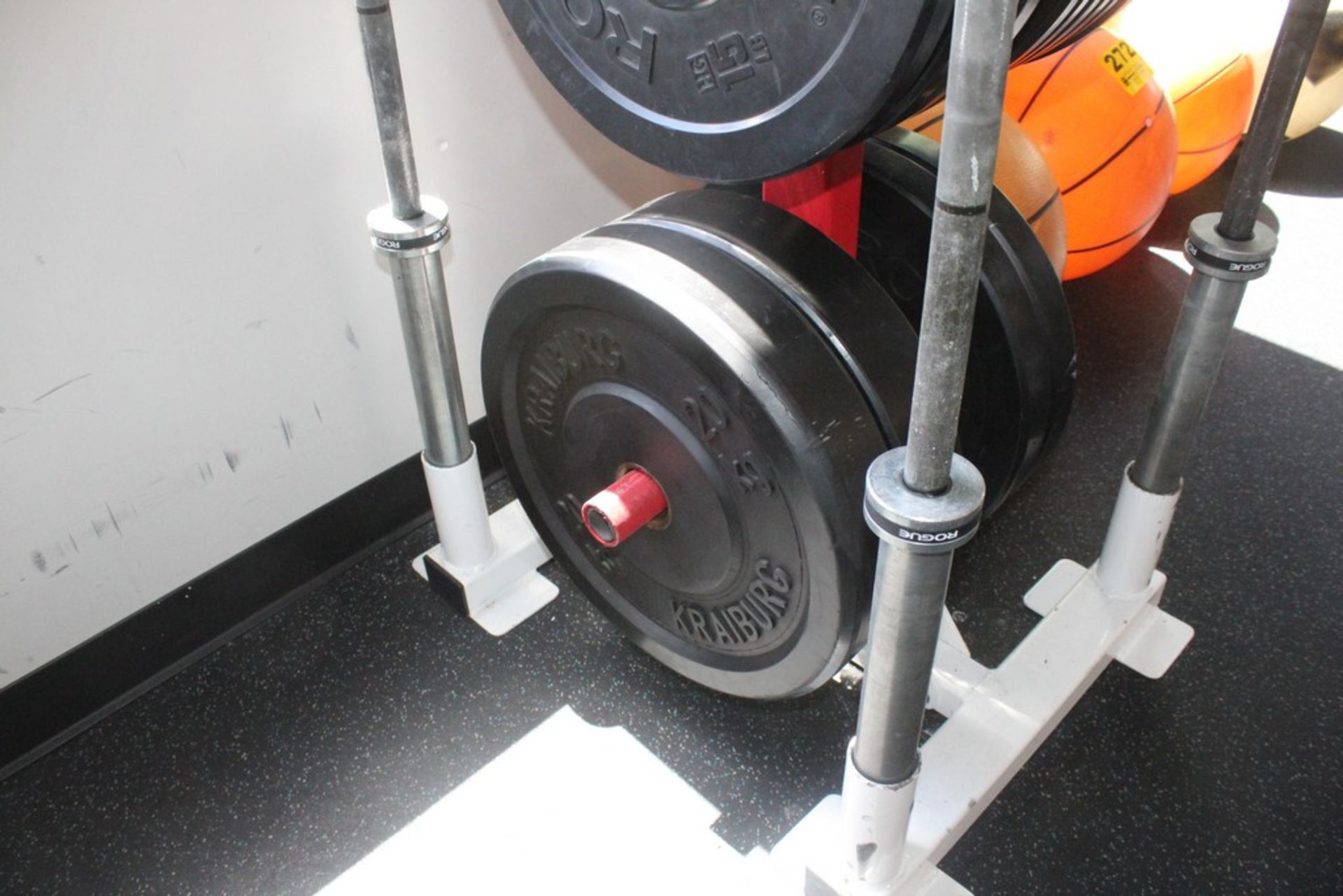 (3) ROGUE OLYMPIC BARS WITH RACK AND ASSORTED PLATES - Image 4 of 4