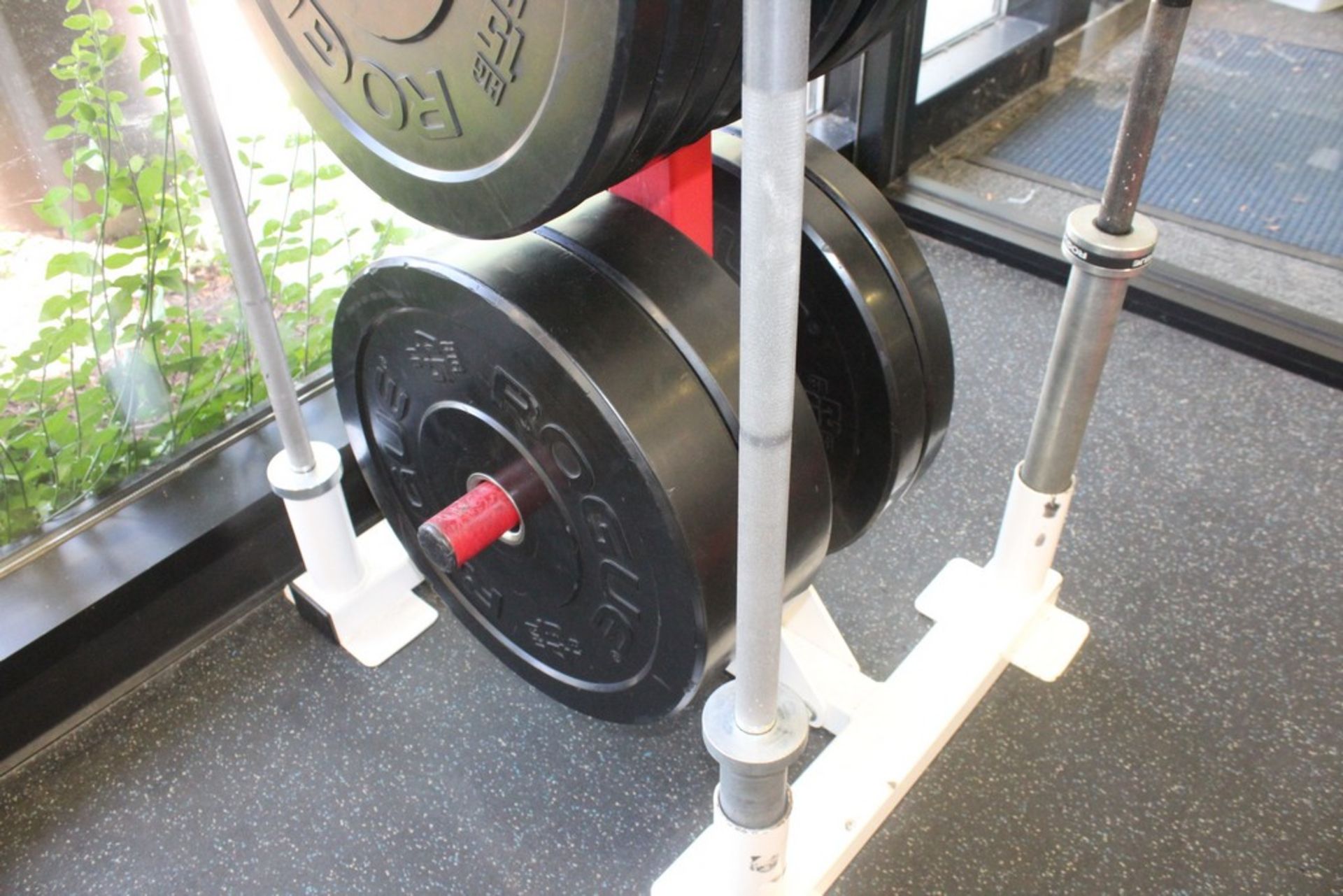 (3) ASSORTED WEIGHT BARS WITH MOVESTRONG RACK AND ROGUE PLATES - Image 3 of 3