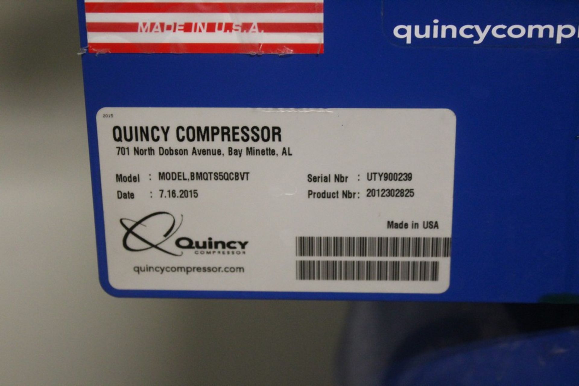 QUINCY 3 HP “Y-TYPE” VERTICAL TANK MOUNTED AIR COMPRESSOR, S/N UTY900239 (NEW 2015) & DELTRONIC - Image 4 of 5