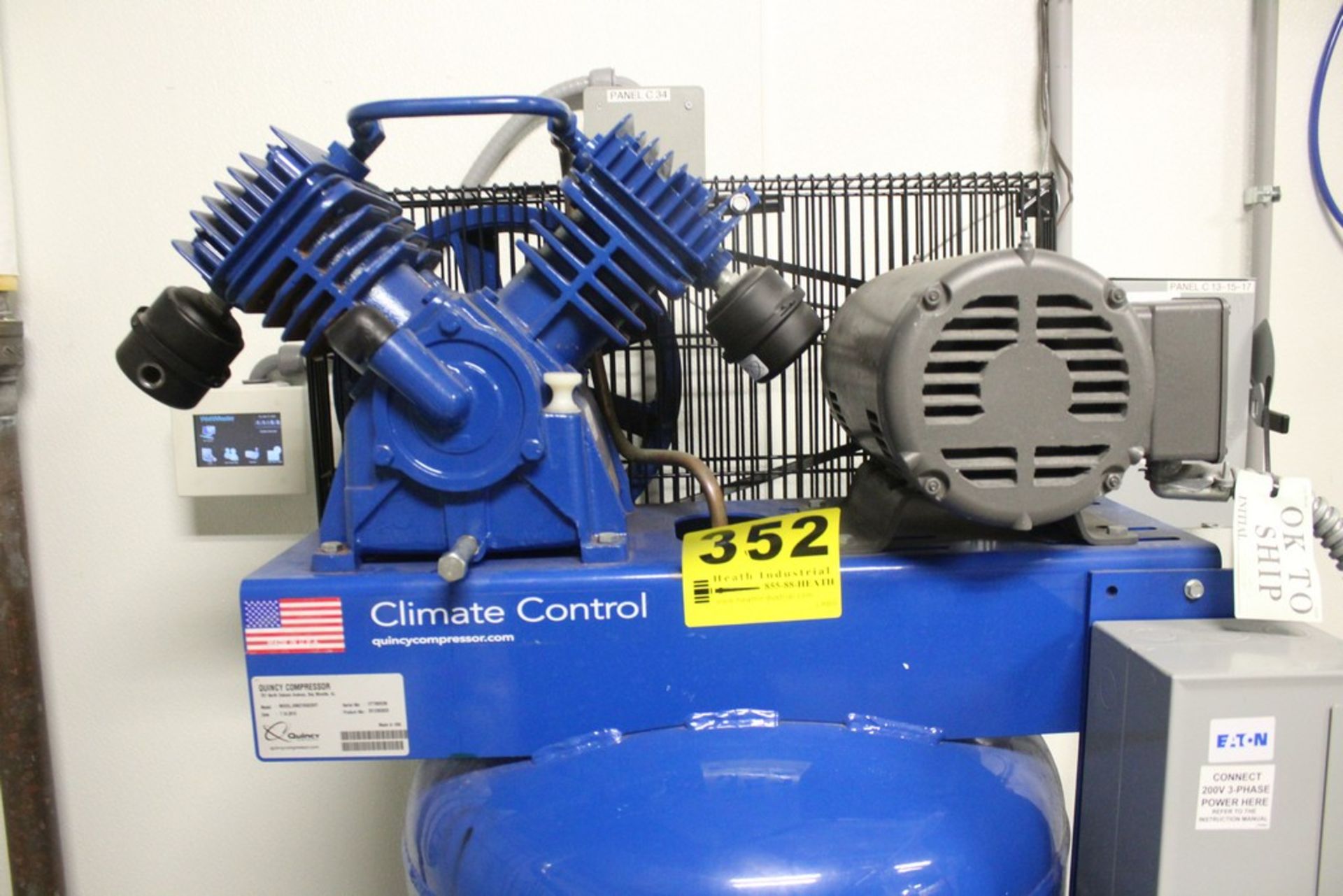 QUINCY 3 HP “Y-TYPE” VERTICAL TANK MOUNTED AIR COMPRESSOR, S/N UTY900239 (NEW 2015) & DELTRONIC - Image 3 of 5