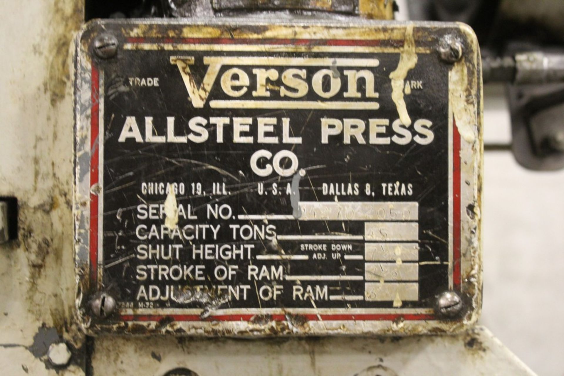 VERSON 45 TON MODEL 2050 PRESS BRAKE, S/N 14270-2050, 2-1/2” STROKE Loading Fee: $300 - Image 9 of 9