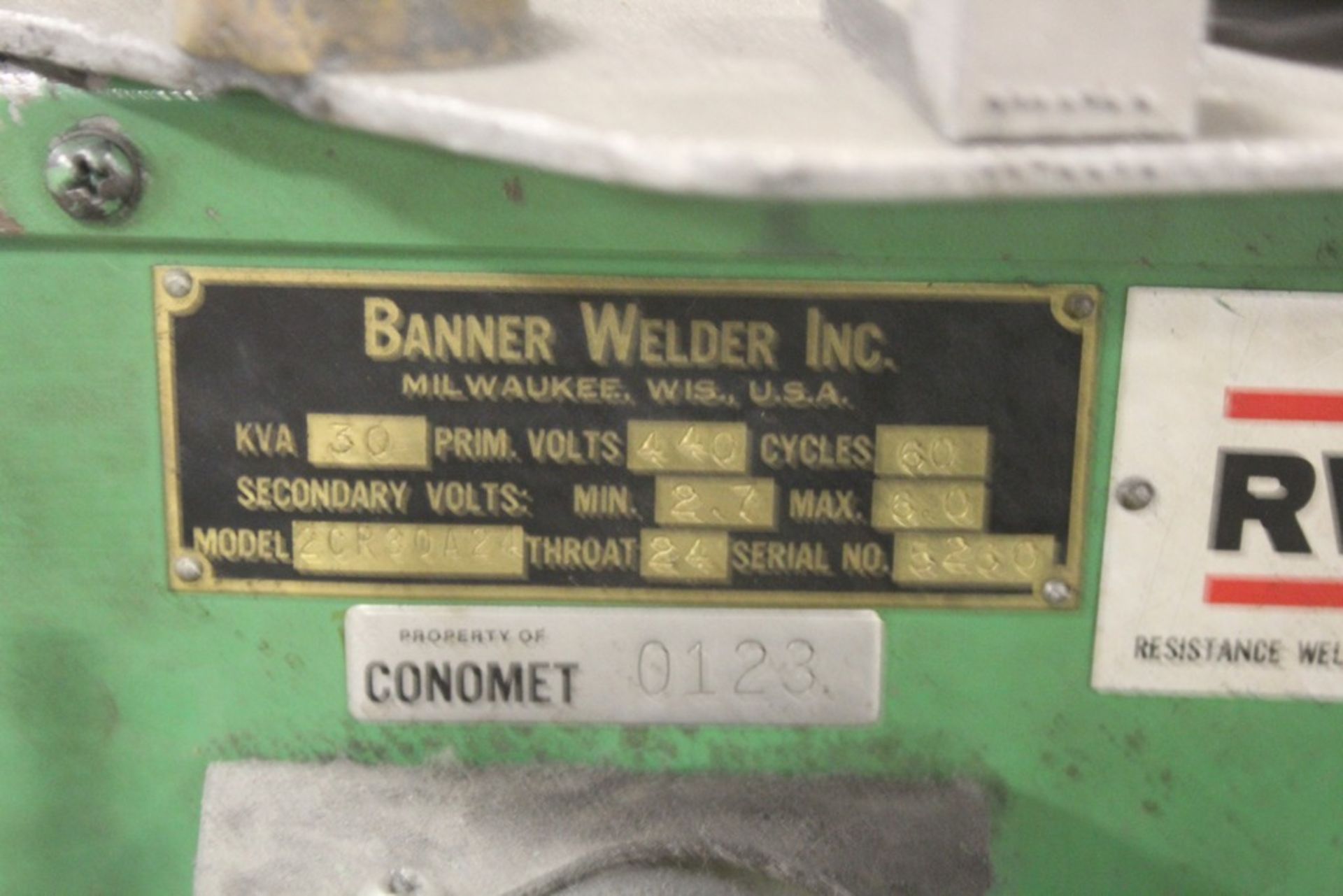 BANNER MODEL CR30A24 24" THROAT SPOT WELDER, S/N 4260 Loading Fee: $150 - Image 5 of 6