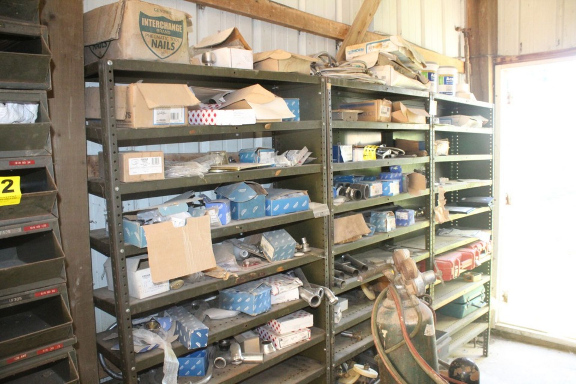 CONTENTS OF (3) SHELVING UNITS INCLUDING PLUMBING FIXTURES, SUPPLIES & EMPTY CASES (NO SHELVING)