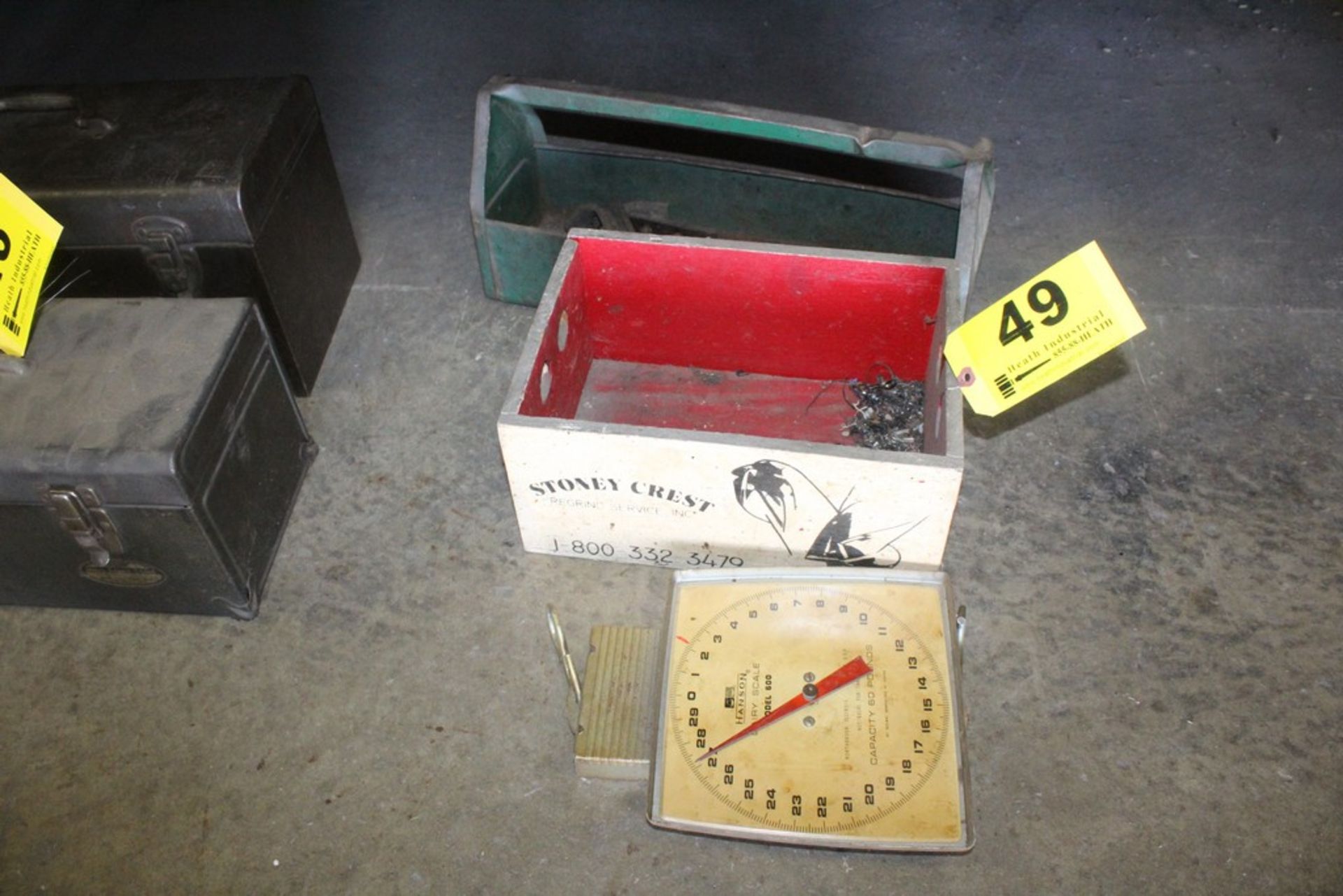 DAIRY SCALE, WOOD CRATE, TOOLBOX