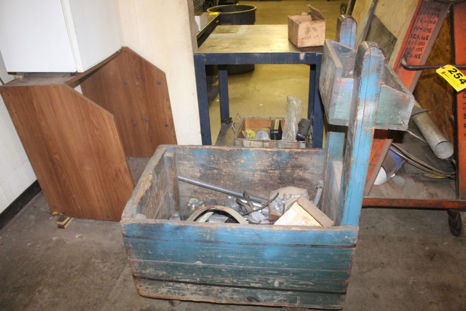 PORTABLE WOOD CART WITH ASSORTED ELECTRICAL SUPPLIES