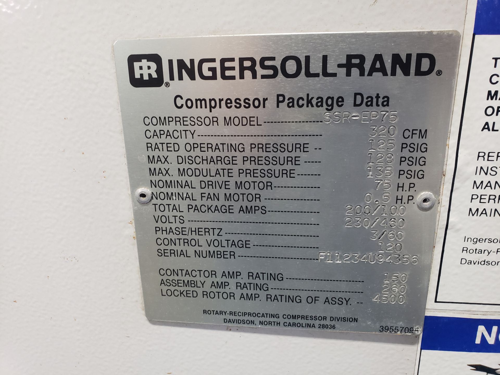 INGERSOLL RAND MODEL SSP-EP75 AIR COMPRESSOR, 320 CFM, 125 PSIG, 75 HP, 230/460 VOLTS, 3-PHASE - Image 3 of 3