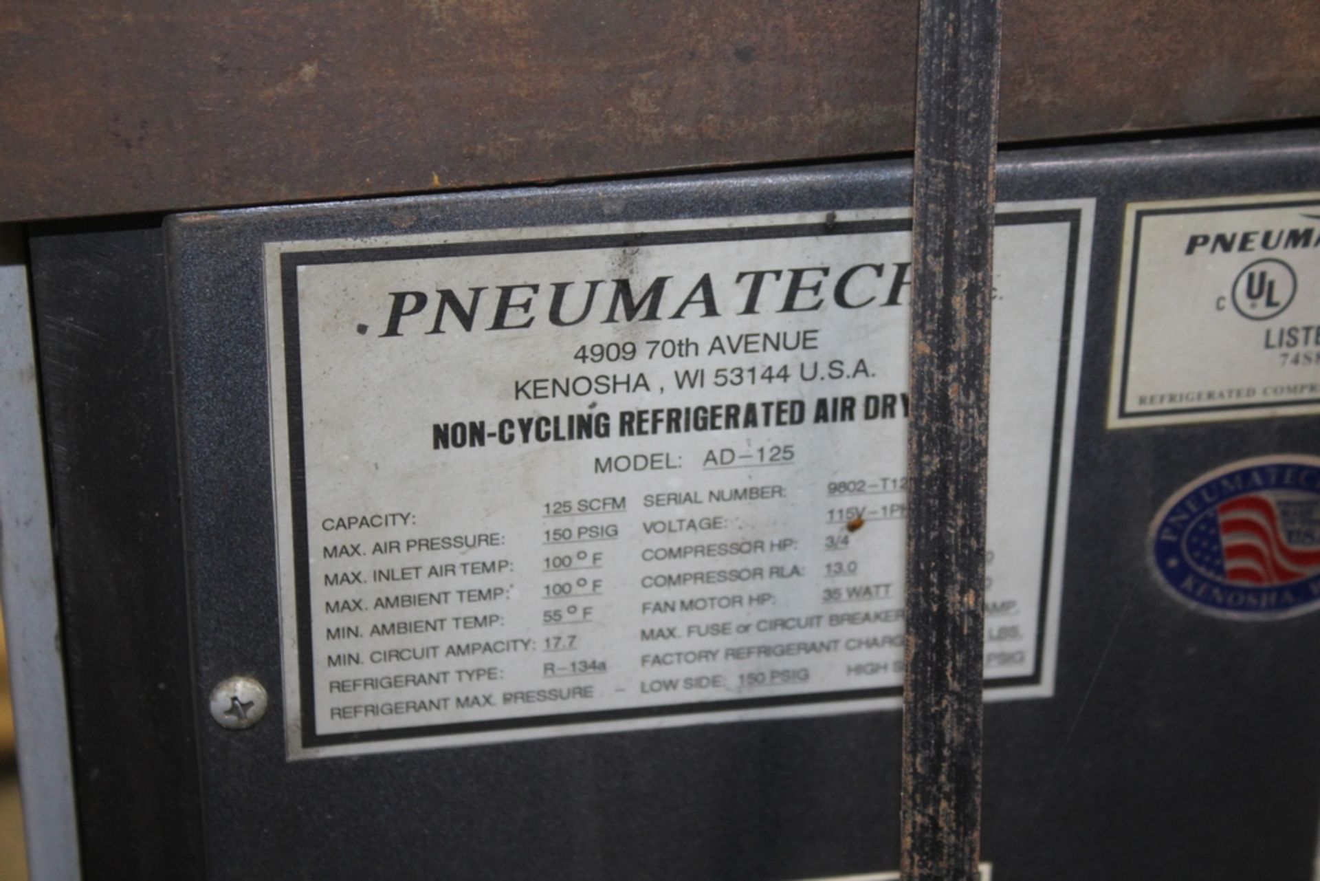 PNEUMATECH MODEL AD-125 NON-CYCLING REFRIGERATED AIR DRYER, 125SCFM. 150PSIG, S/N 9802-T128463-ST - Image 2 of 3