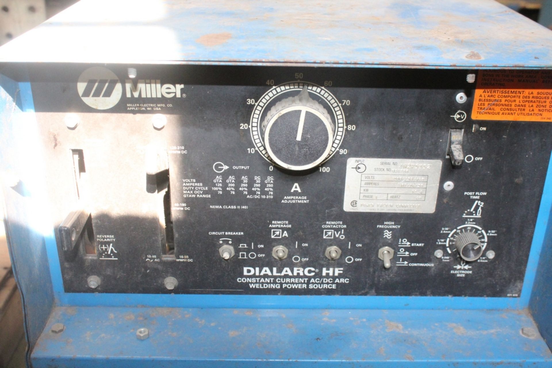 MILLER 250 AMP MODEL DIALARC HF WELDER, S/N JH275352 - Image 2 of 3