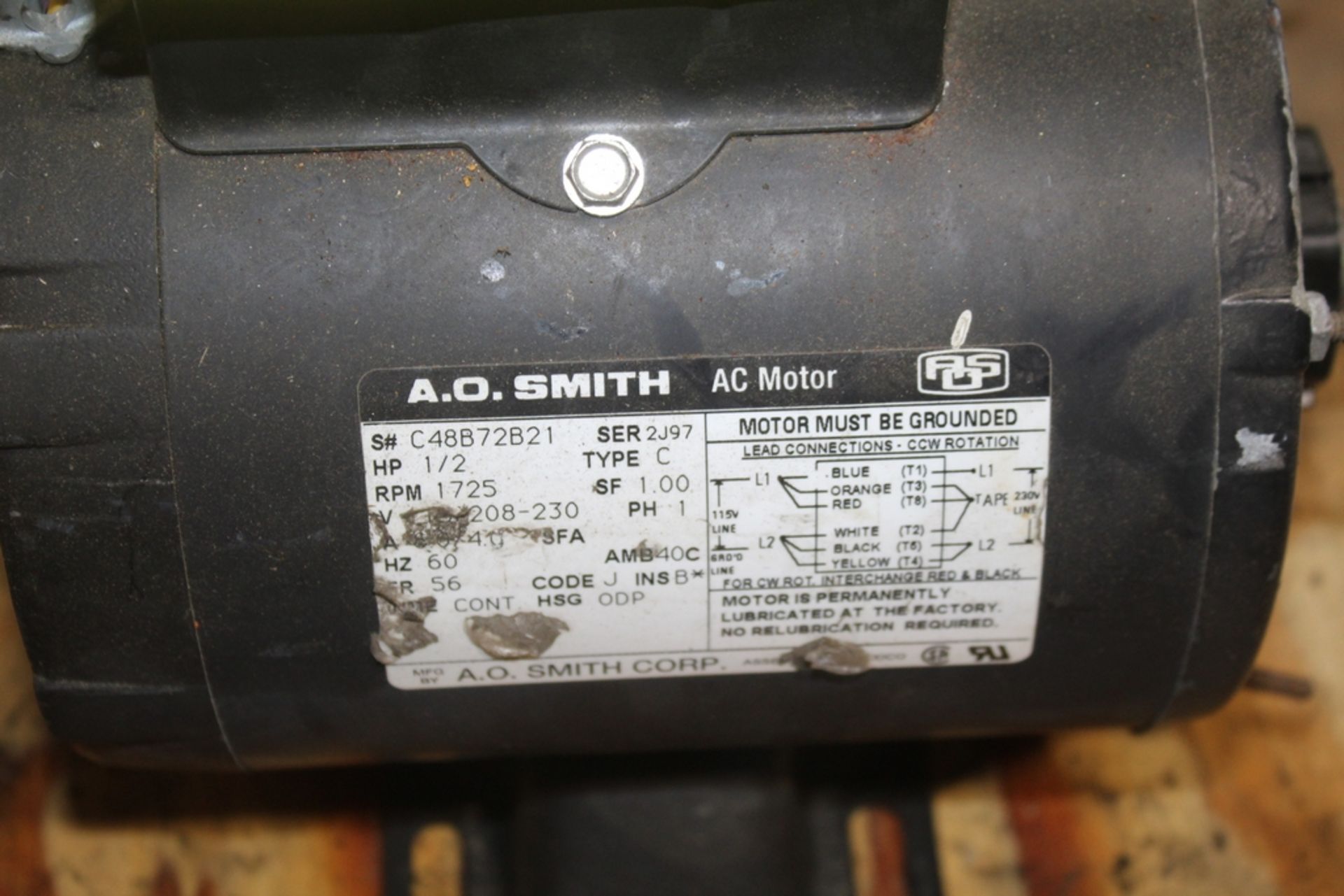 A.O. SMITH AC MOTOR, MODEL C488722B21, 1/2HP, 1-PHASE, 1,725 RPM - Image 2 of 2