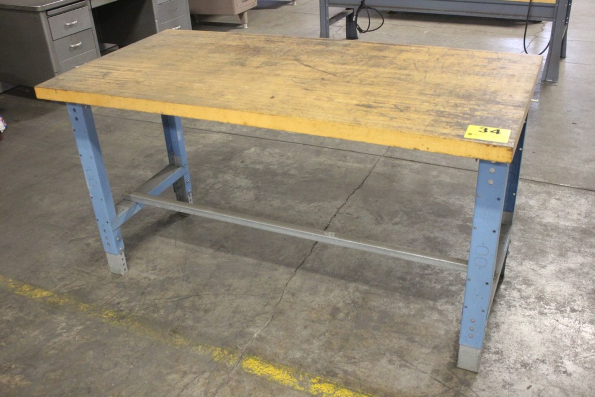 STEEL SHOP TABLE WITH WOOD TOP, 33" X 60" X 30", WITH ADJUSTABLE LEGS