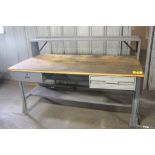STEEL SHOP TABLE WITH WOOD TOP, TWO DRAWERS AND SHELF, 33" X 72" X 36"