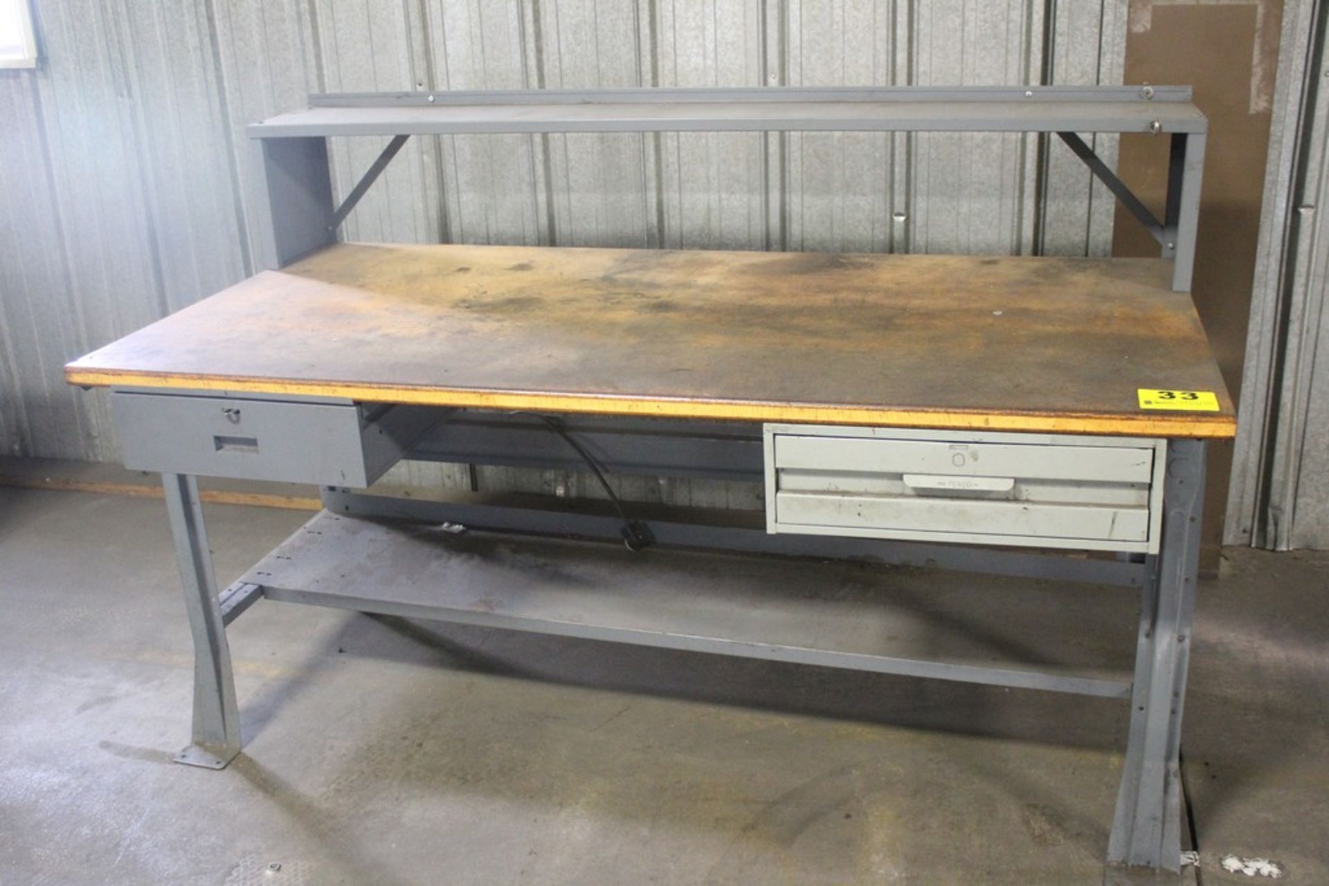 STEEL SHOP TABLE WITH WOOD TOP, TWO DRAWERS AND SHELF, 33" X 72" X 36"