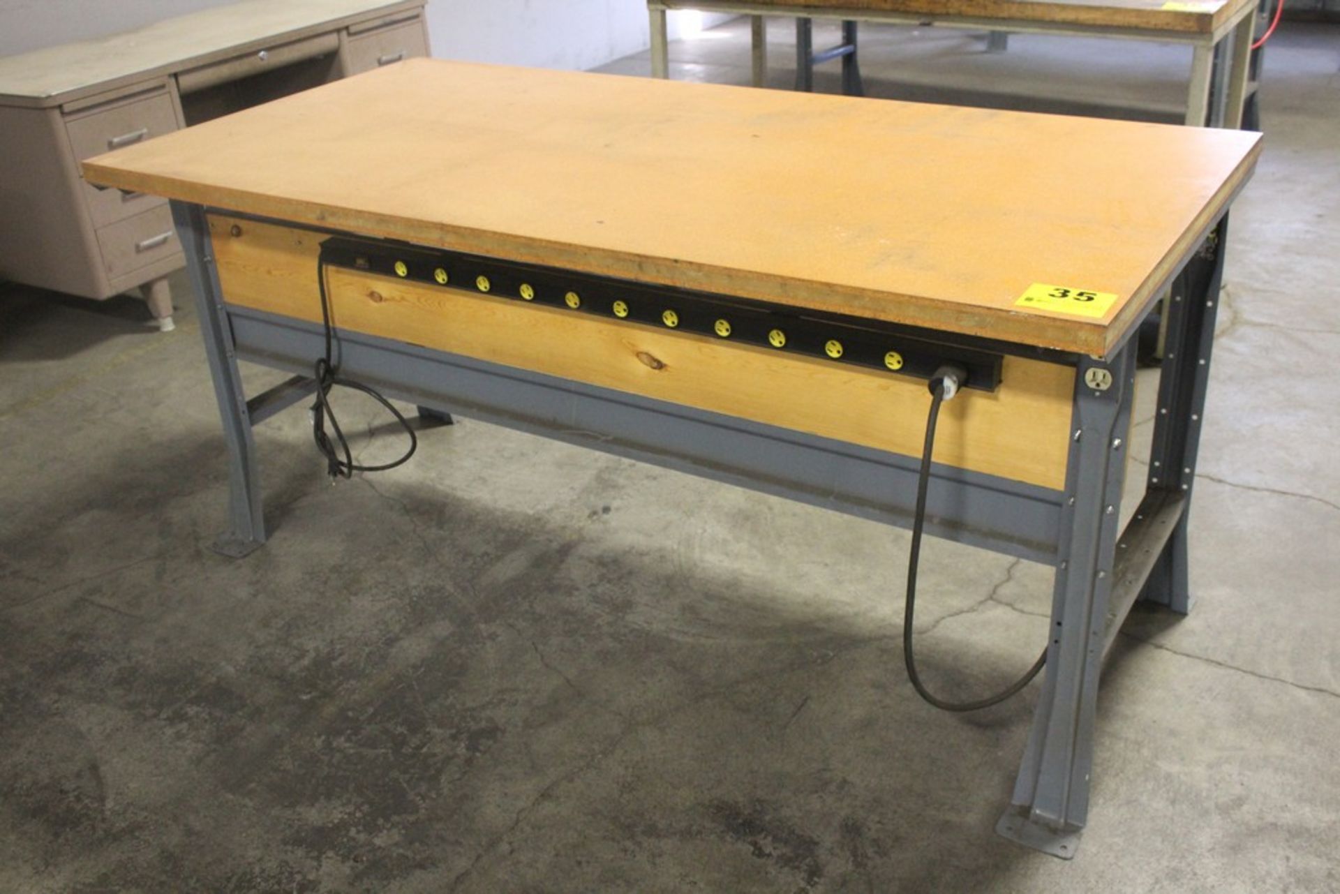 STEEL SHOP TABLE WITH WOOD TOP, 33-1/2" X 72" X 36", WITH POWER STRIP