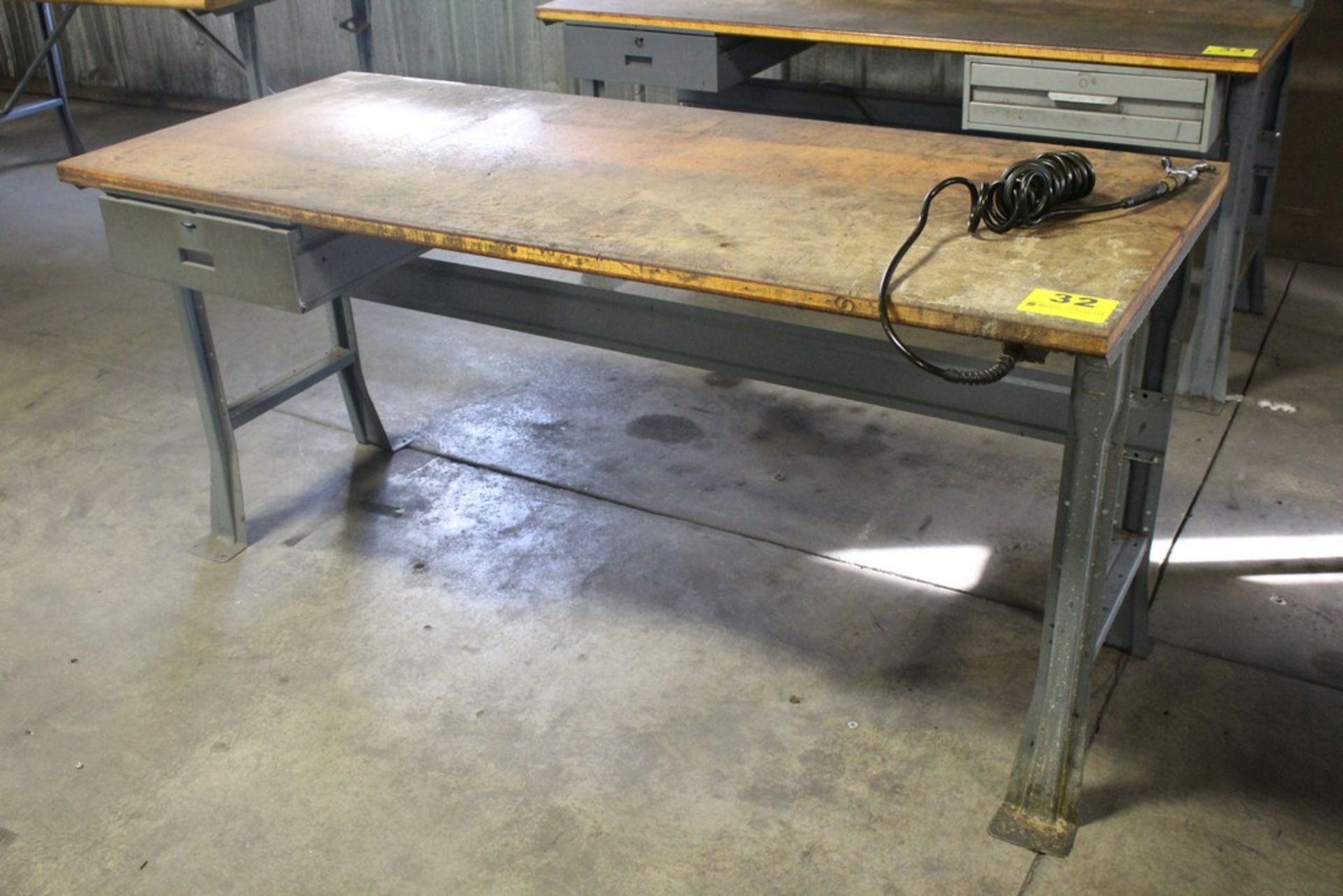 STEEL SHOP TABLE WITH WOOD TOP AND DRAWER, 33" X 72" X 30", PNEUMATIC AIR LINE