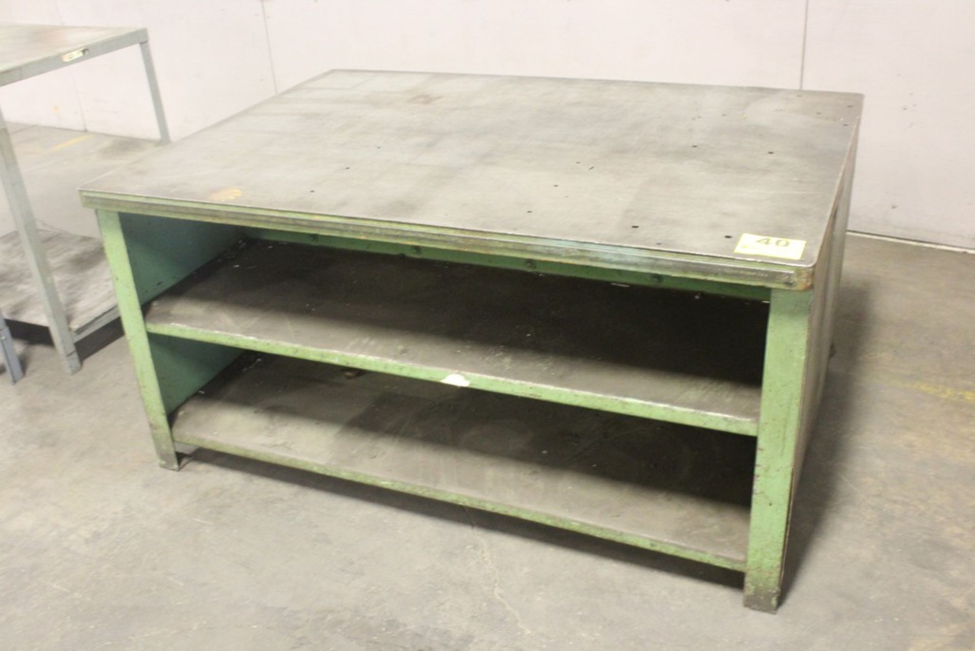 STEEL SHOP TABLE WITH STEEL PLATE TOP AND SHELVES, 30"X 60" X 42"