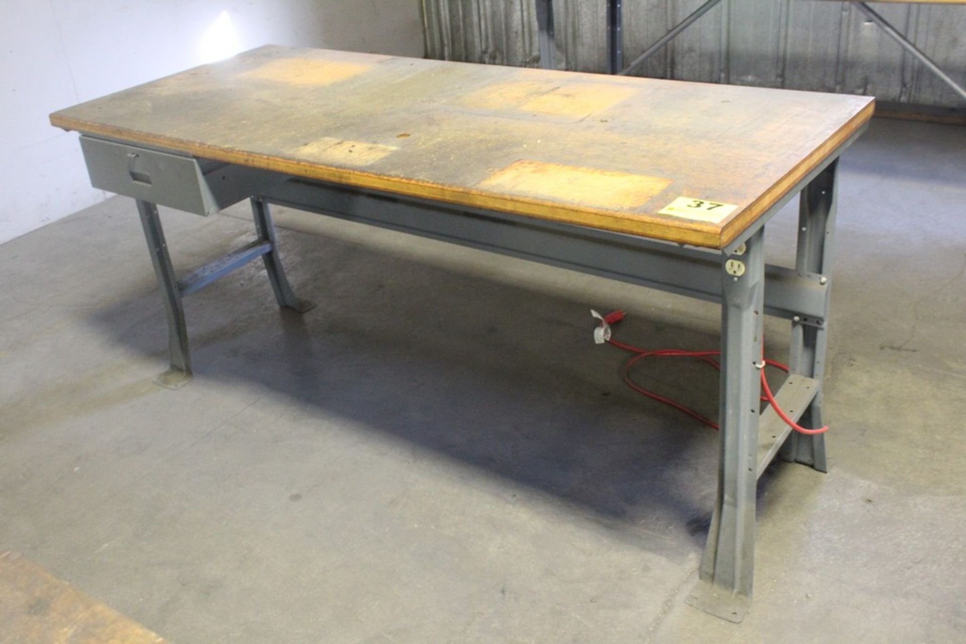 STEEL SHOP TABLE WITH WOOD TOP AND DRAWER AND POWER OUTLET, 33" X 72" X 30"