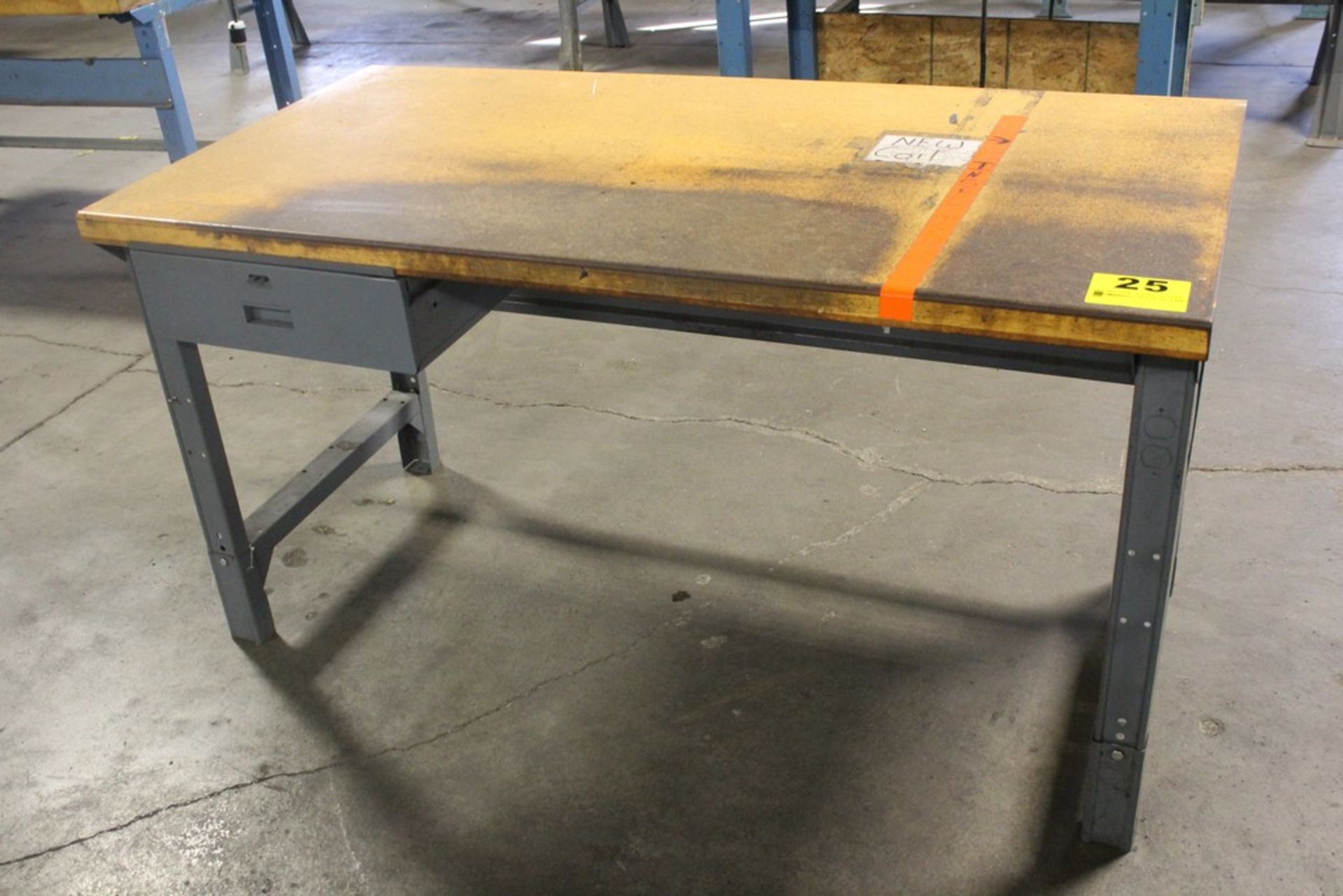 STEEL SHOP TABLE WITH WOOD TOP AND DRAWER, 32-1/2" X 60" X 30"