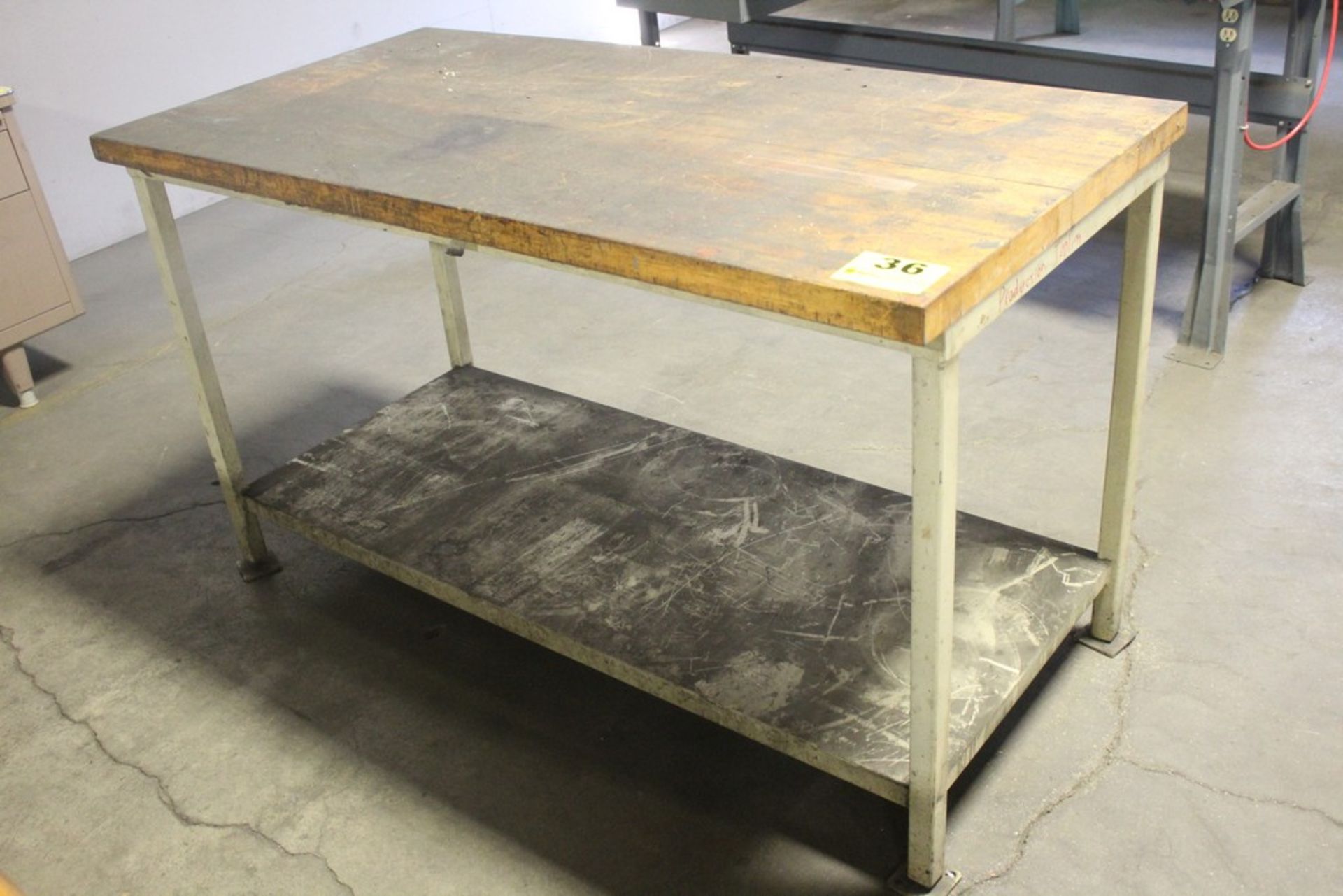 STEEL SHOP TABLE WITH WOOD TOP, 35" X 60" X 30"