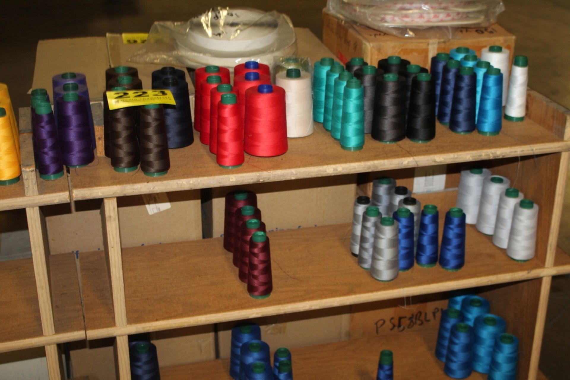 LARGE QTY OF THREAD SPOOLS ON SHELF WITH SHELF - Image 2 of 3
