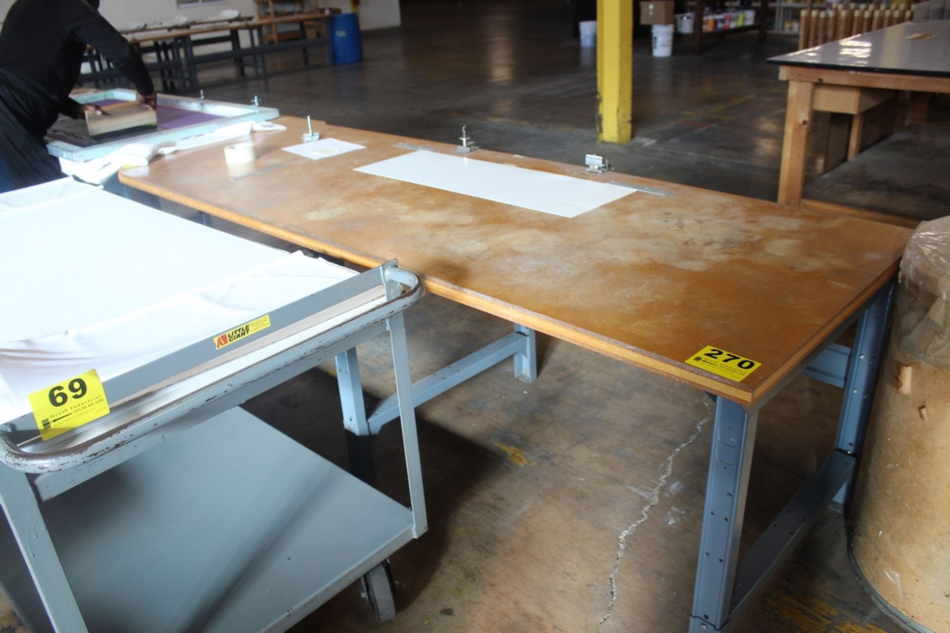 STEEL SHOP TABLE WITH WOOD TOP, 36" X 96" X 31", WITH HOLD DOWNS