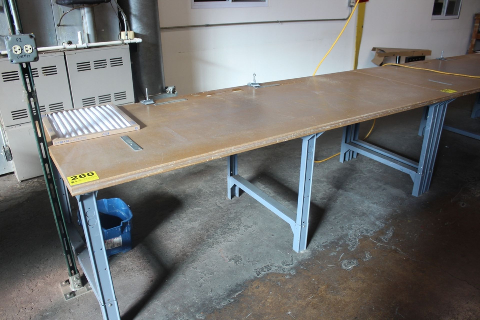 STEEL SHOP TABLE WITH WOOD TOP, 36" X 96" X 31", WITH HOLD DOWNS