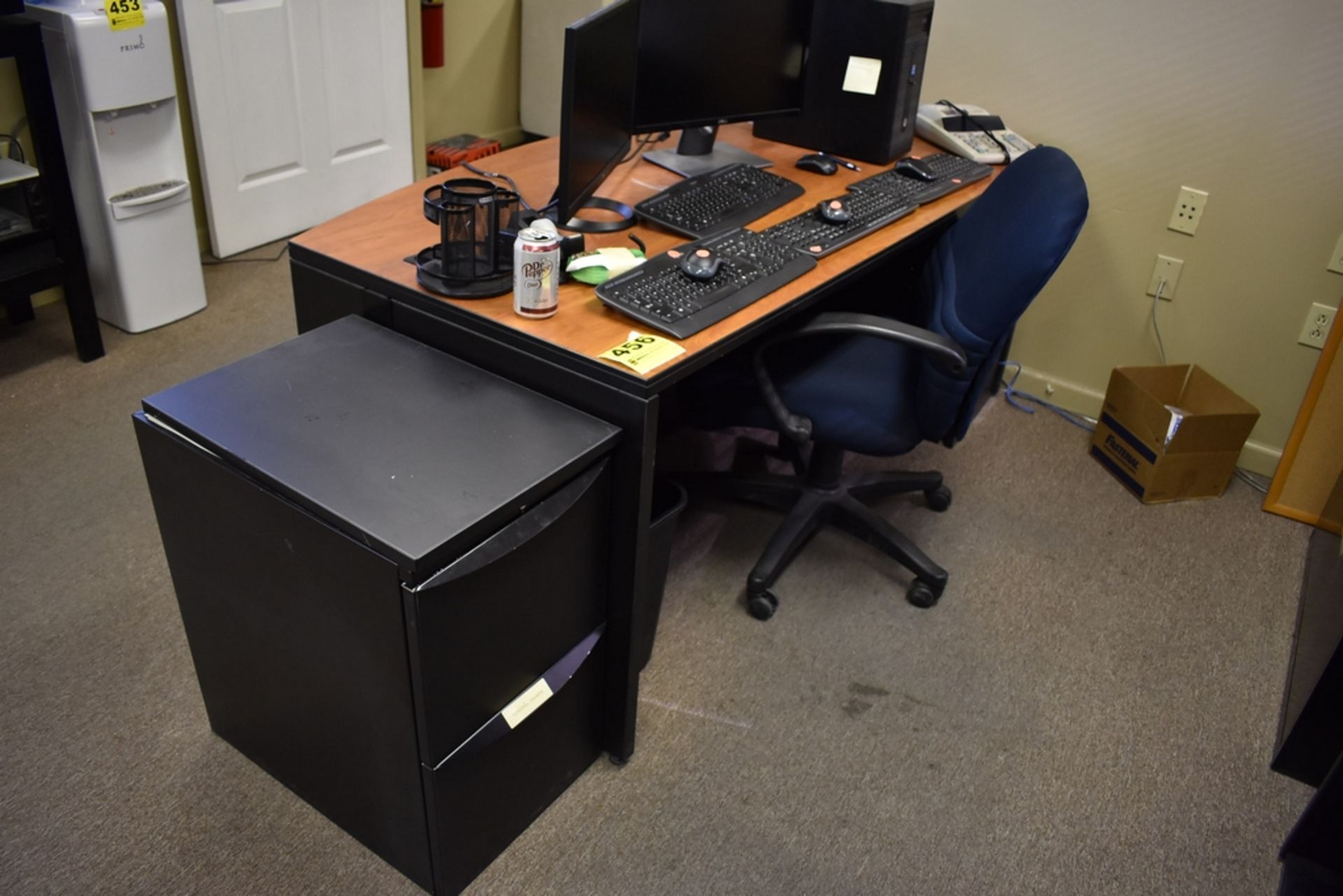 DESK WITH EXECUTIVE CHAIR, (4) FILE CABINETS, SHELVING UNIT