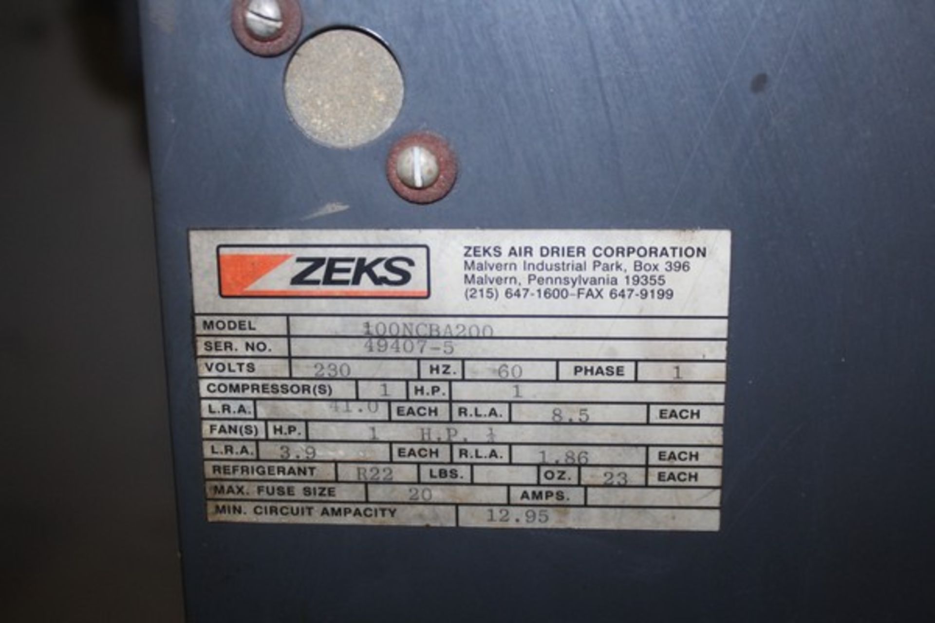 ZEKA THERM AIR DRYER, MODEL 100NCBA200, S/N 49407-5, 1HP, 230 VOLTS, 60HZ - Image 2 of 2