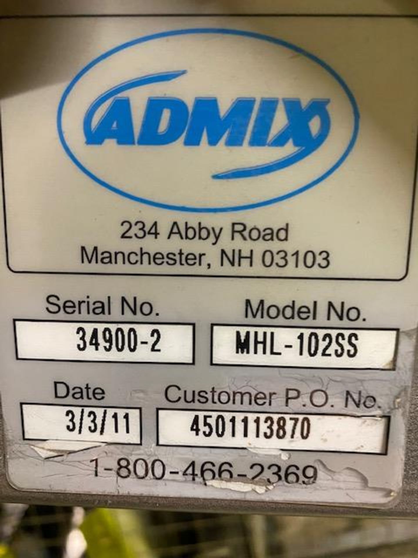 ADMIX MIXER WITH STAINLESS HOIST, MODEL ML 102SS SN 34900-2, 2011 MFG - Image 7 of 9