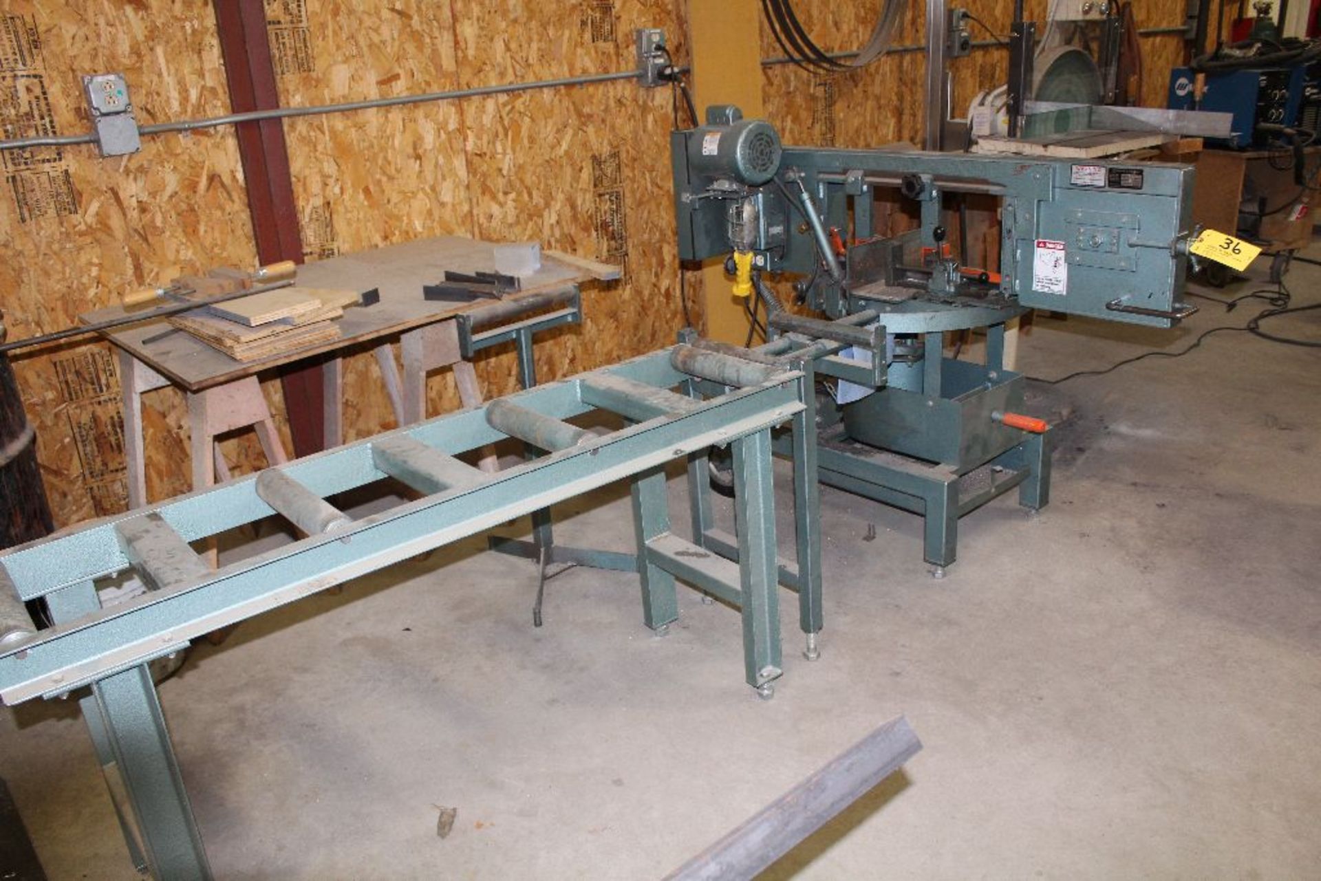 Ellis, mitre horizontal bandsaw, model 1600, sn 16956422, w/5'x 16" roller conveyor.