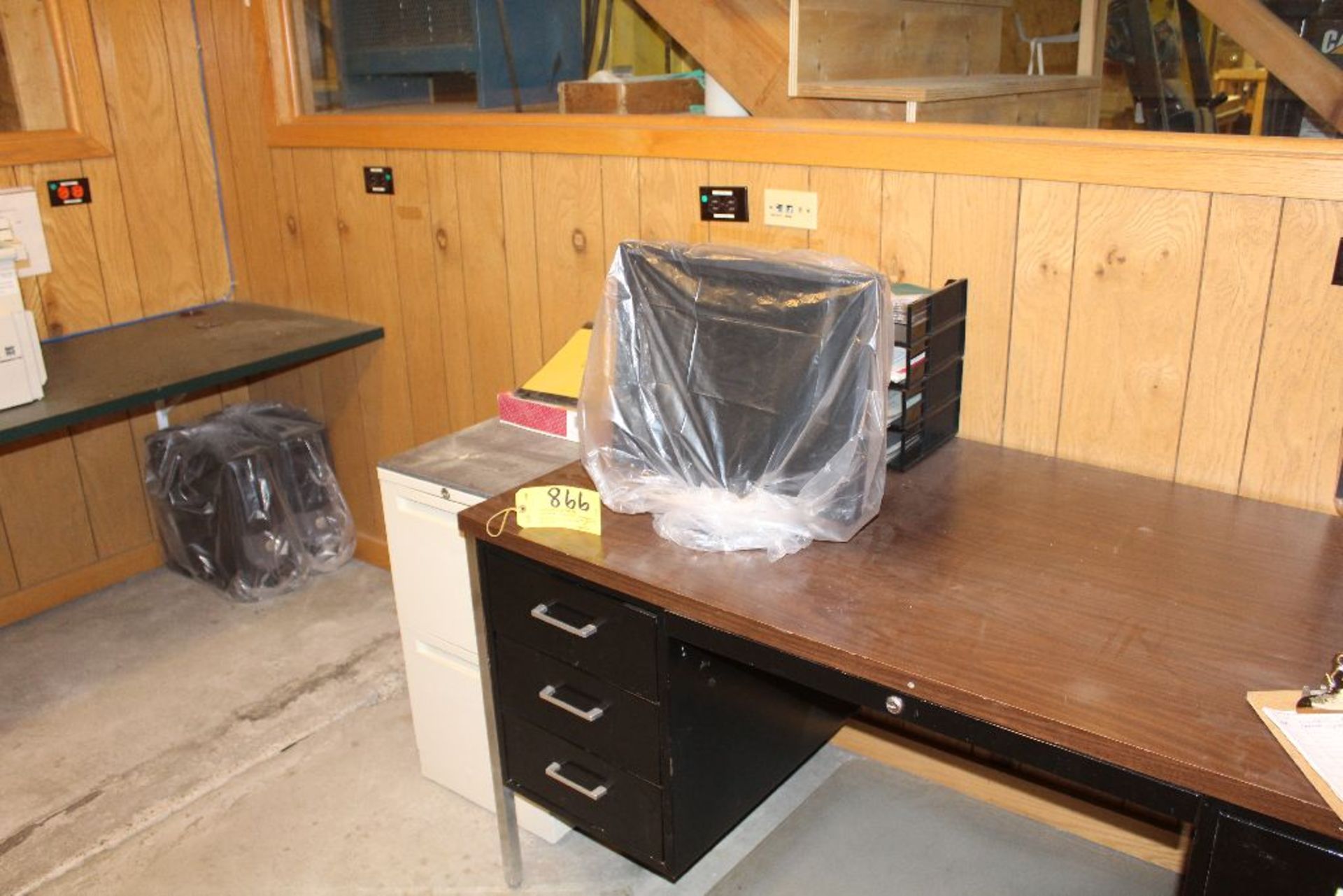 Contents of office steel desk, 2 drawer file cabinet, lanier copier, (2) chairs, (3) monitors.