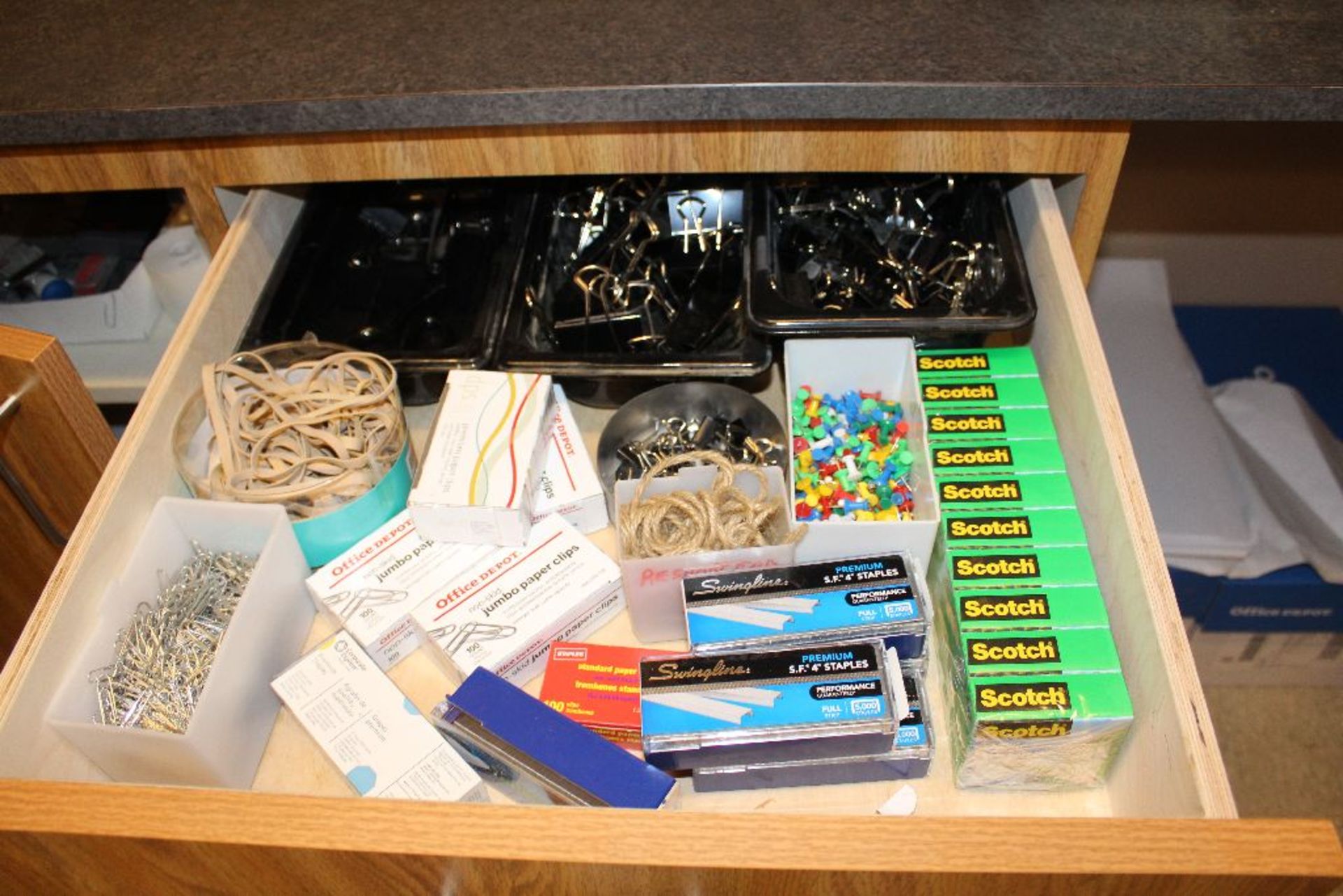 Contents of drawers below: various office supplies: (tape, staples, etc.) - Image 2 of 5