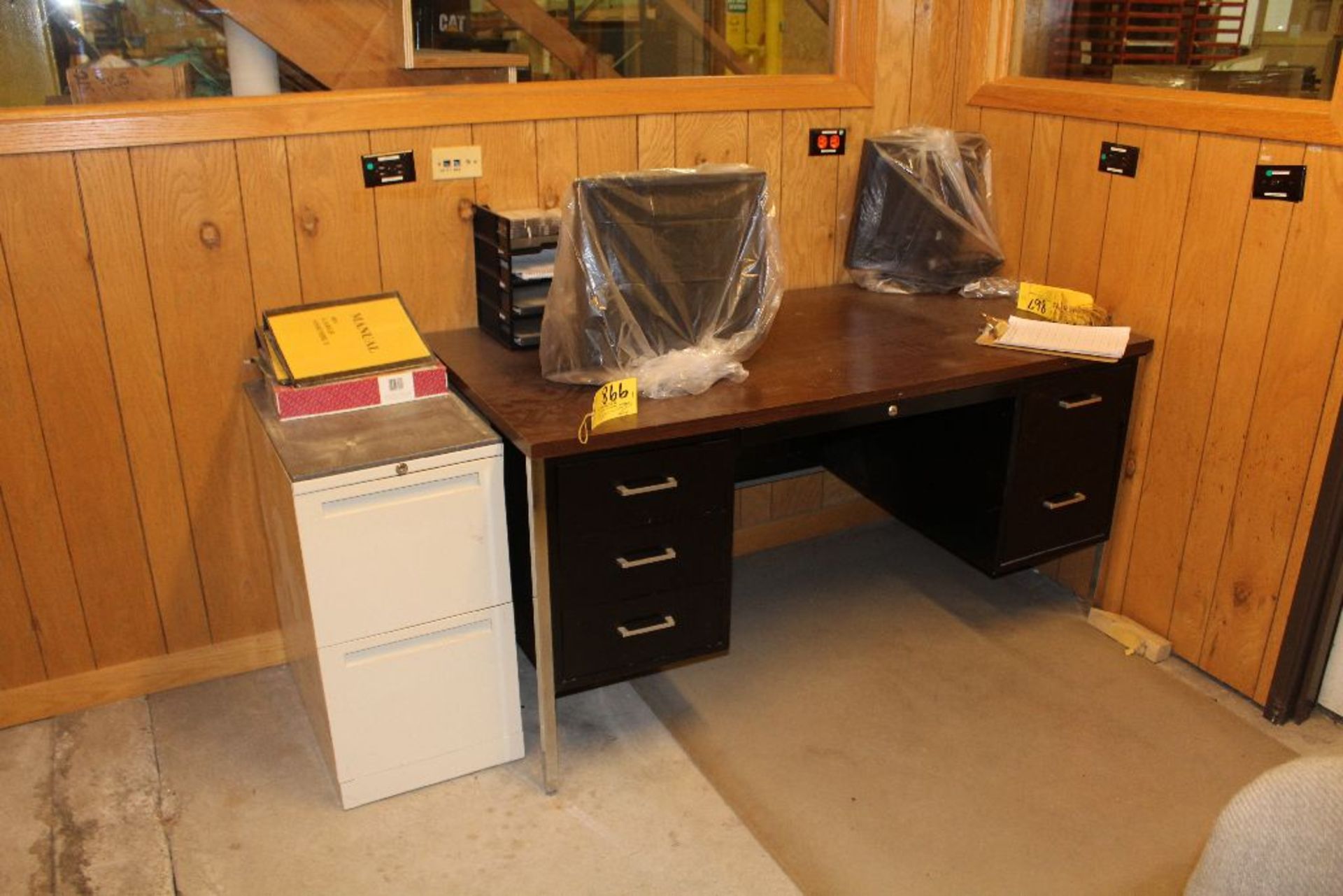 Contents of office steel desk, 2 drawer file cabinet, lanier copier, (2) chairs, (3) monitors. - Image 4 of 4