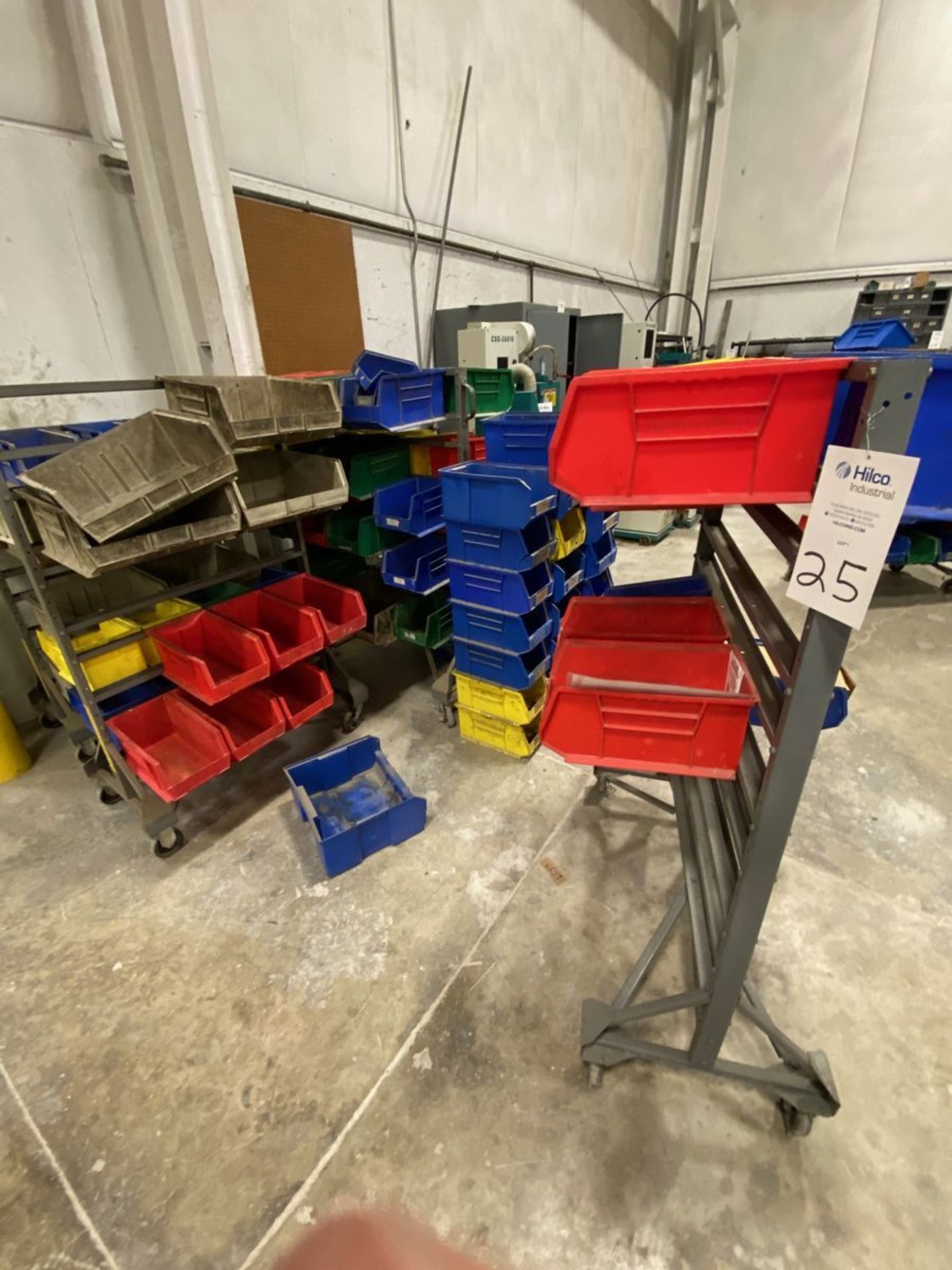 Lot of Plastic Shop Storage Bins And Portable Metal Racks