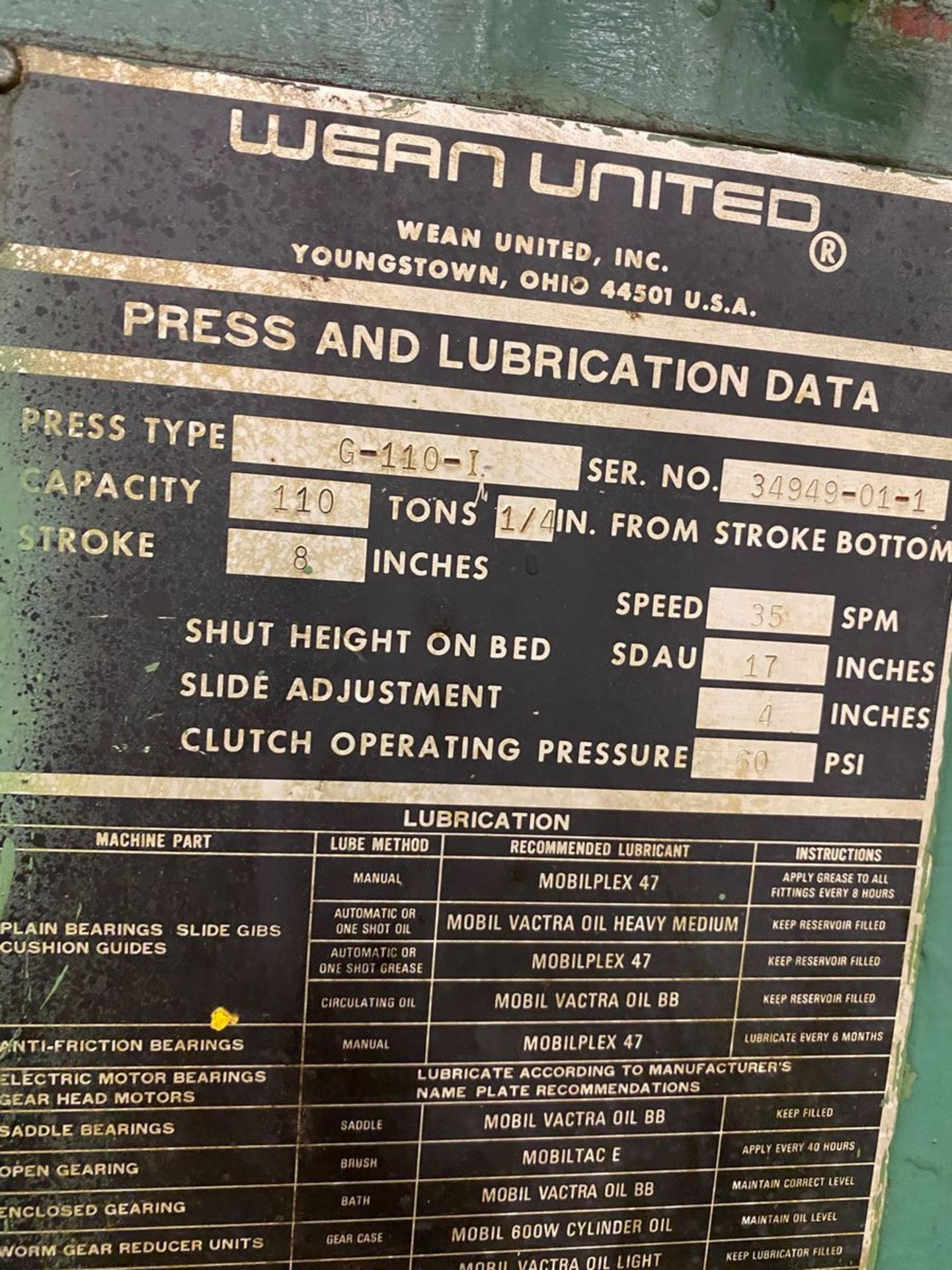 Wean Model G-110-1 110 Ton Gap Frame Press - Image 9 of 12