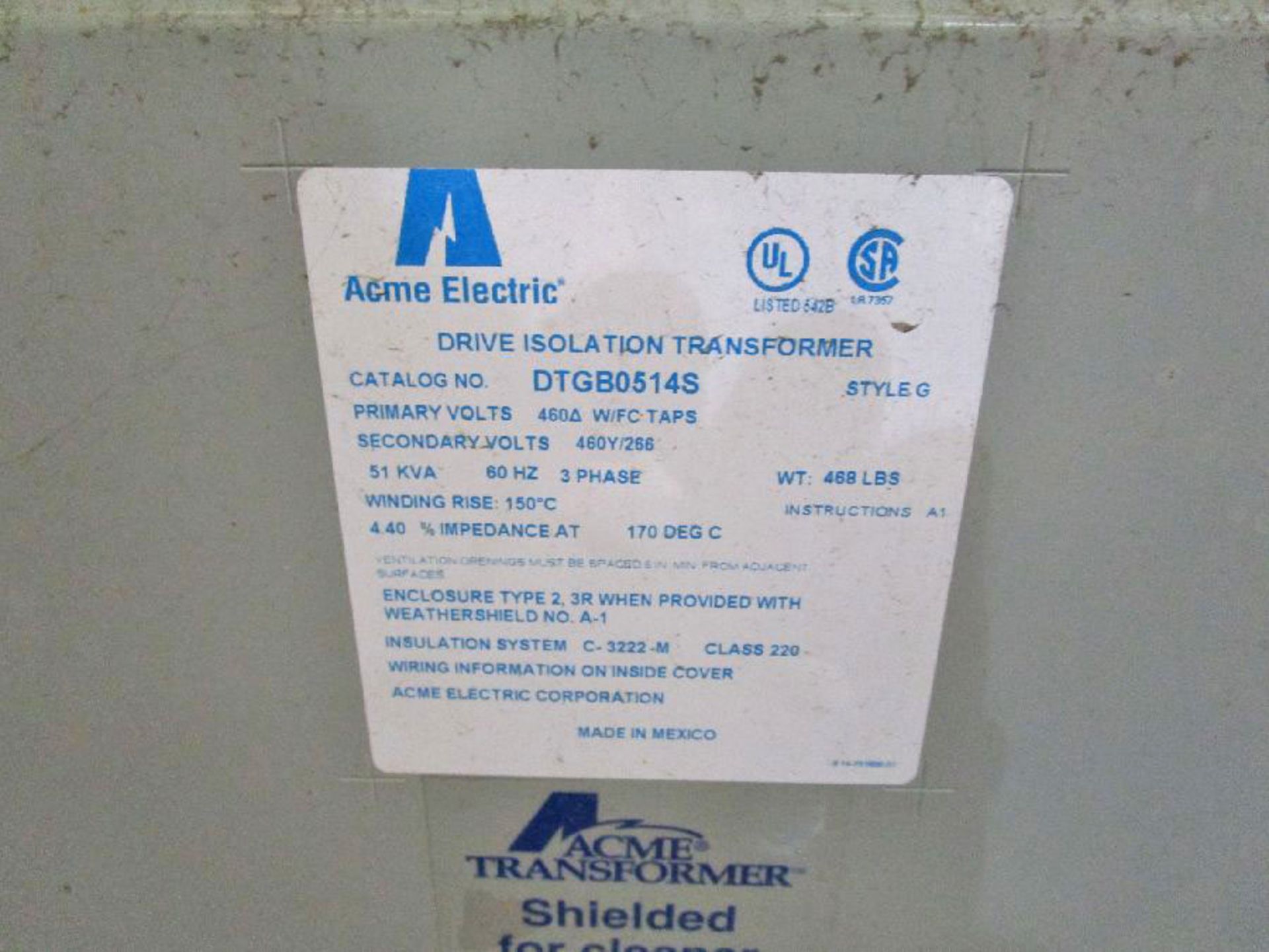 Acme Electric Model DTGB0514S 51 KVA Transformer - Image 2 of 3