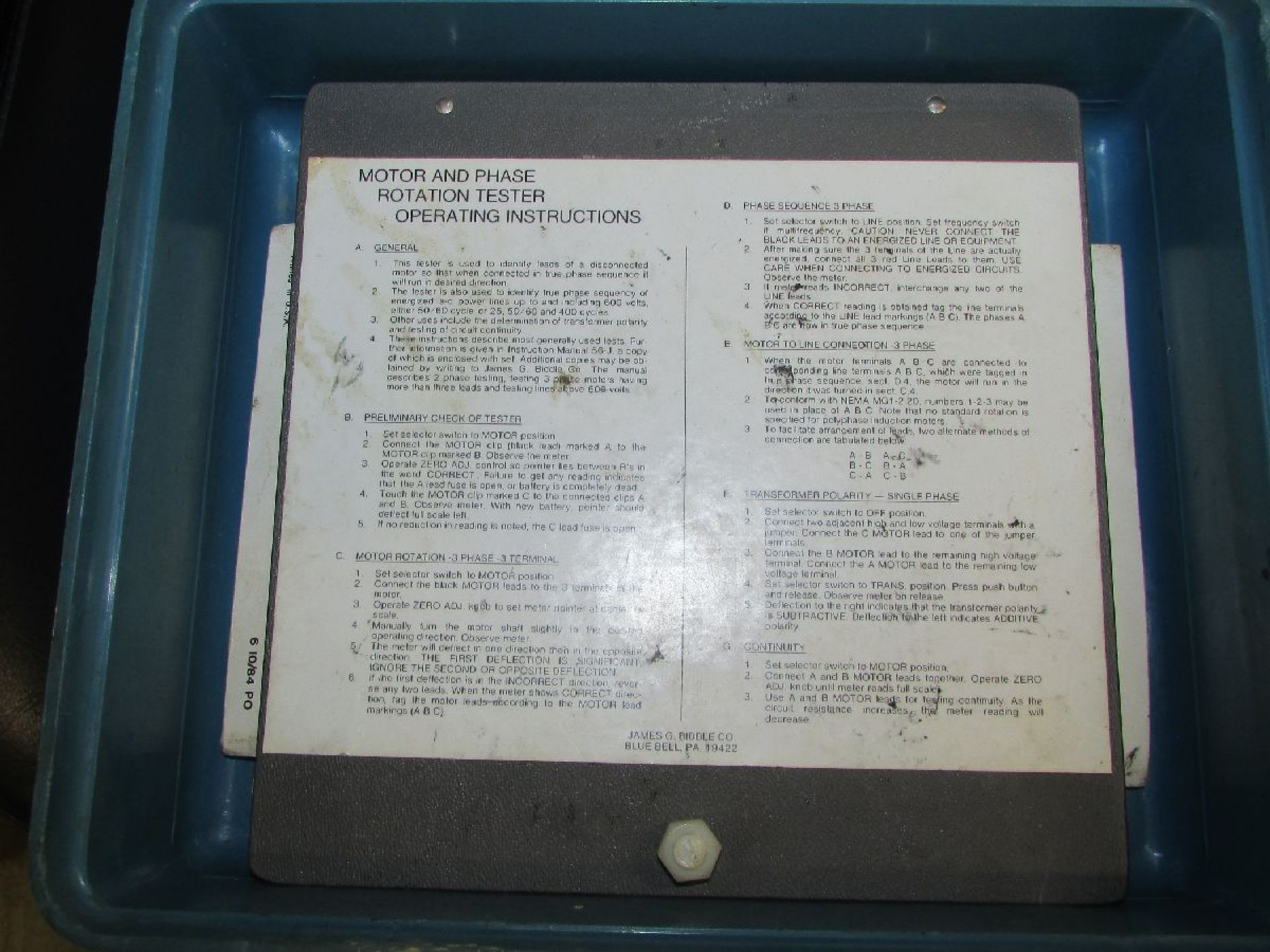 Biddle Instruments Motor Rotation Biddle Instruments Cat # 560060 Motor & Phase Rotation Tester,