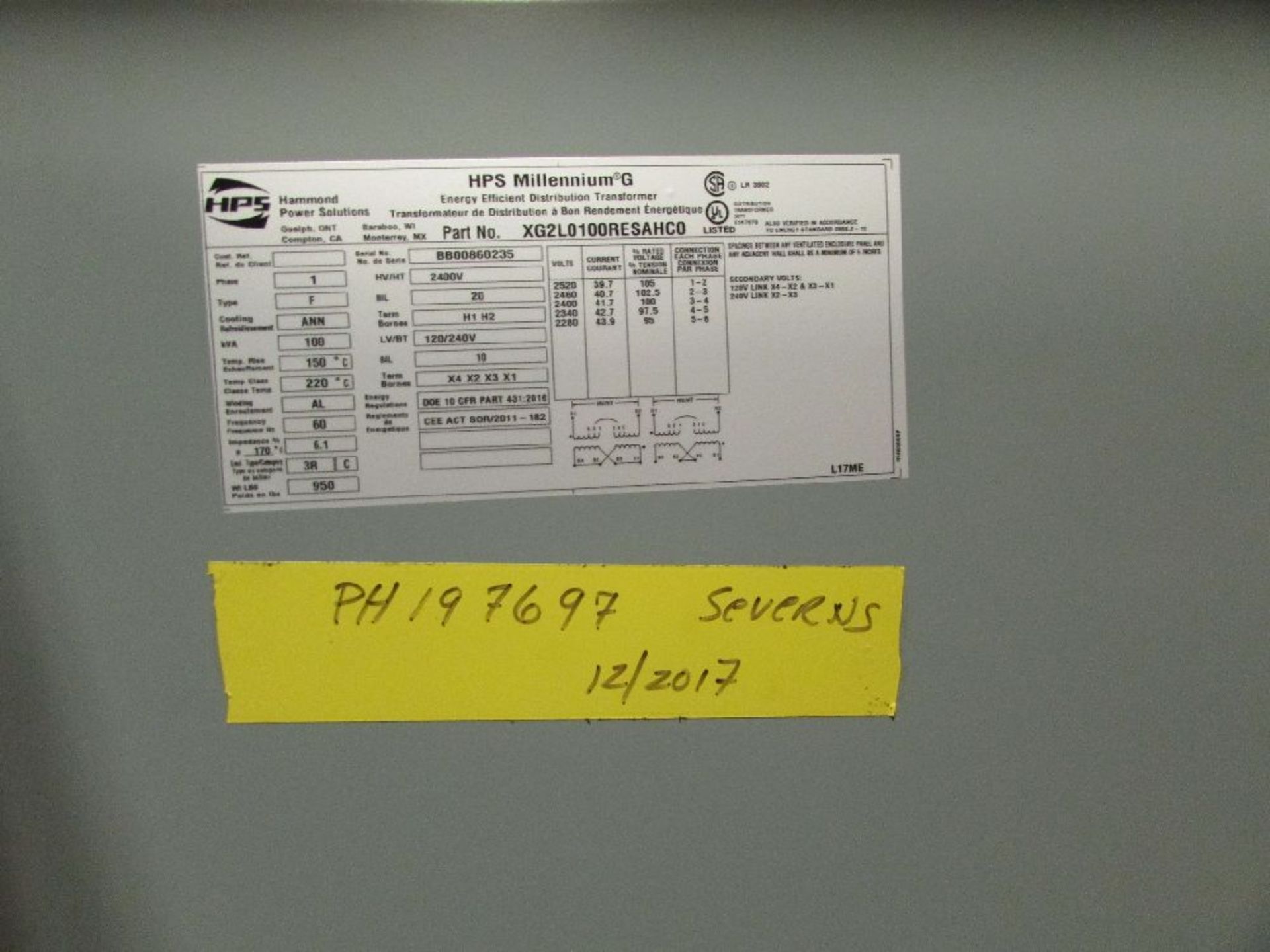 Hammond Power Solution Model XG2L0100RESAHC0 100 KVA Distribution Transformer - Image 2 of 2