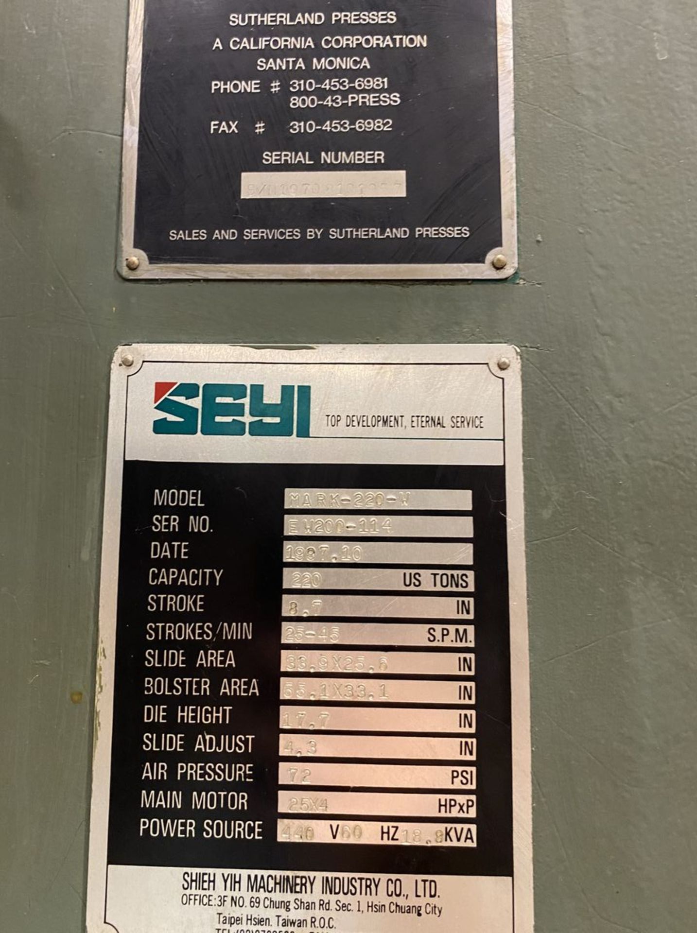 Seyi-Sutherland Model Mark-220-W 220-Ton Single Point Gap Frame Press - Image 3 of 3