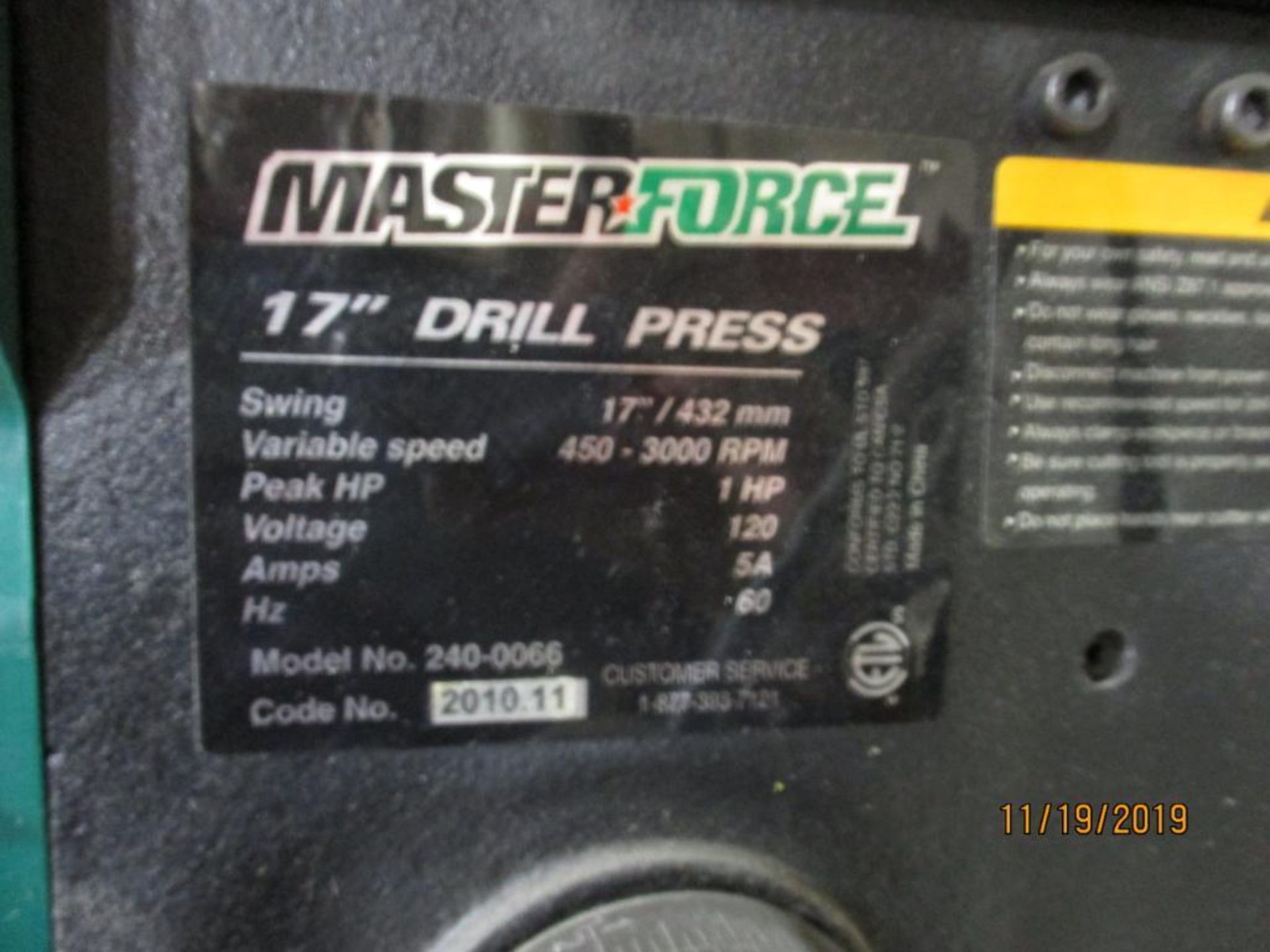 Masterforce 17" Drill Press 450-3000 RPM 1kp 1/2" Chuck M/N 240-0066 - Image 4 of 4