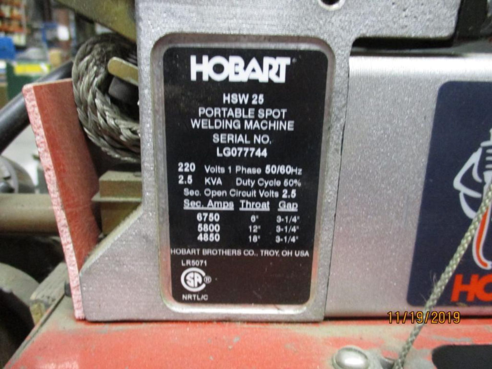 Hobart Electric Spot Welder 220v 1ph 50/60hz M/N HSW25 S/N LG077744 - Image 3 of 3