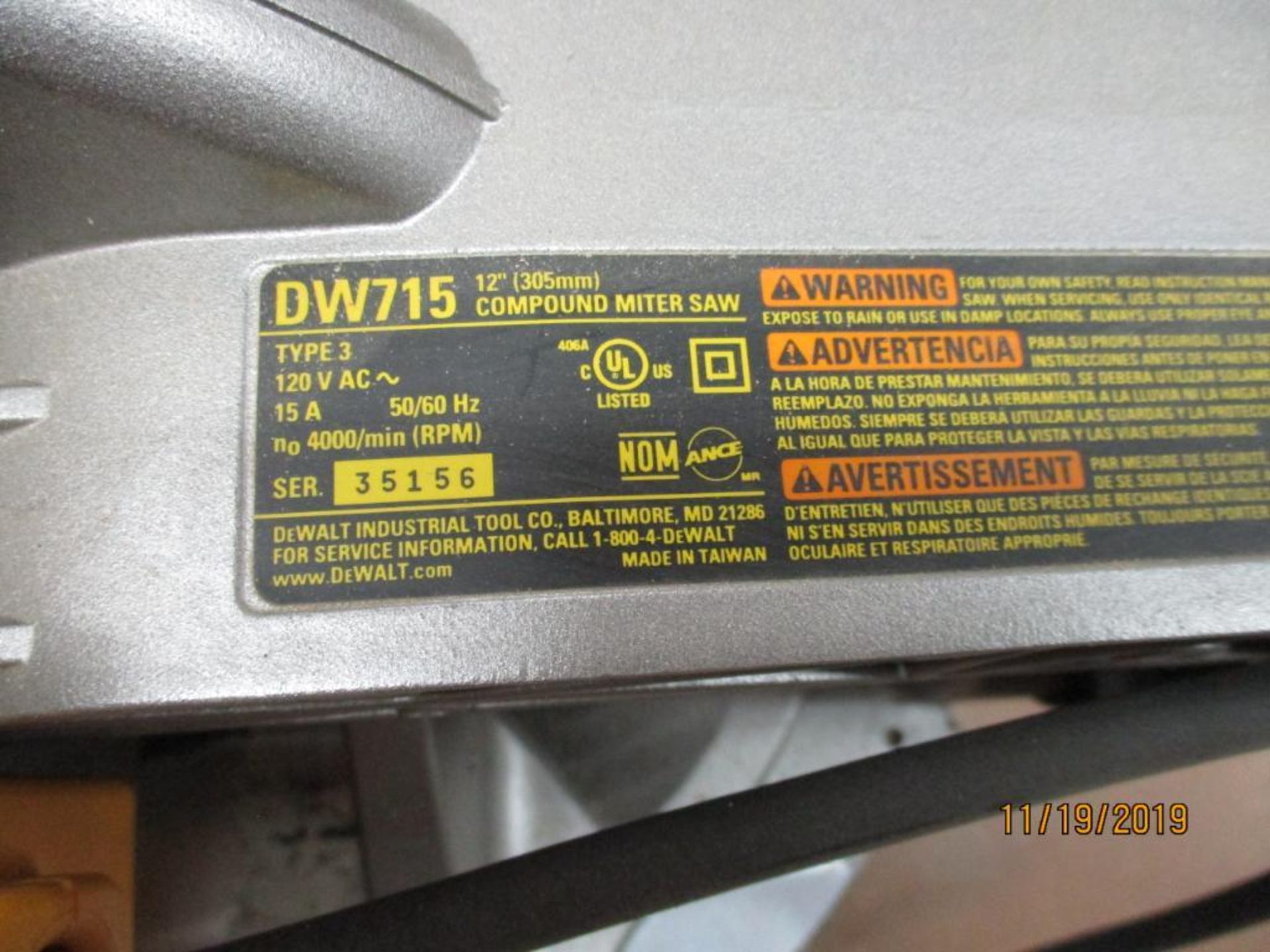 DeWalt 12" Compound Miter Saw M/N DW715 S/N 25156 - Image 5 of 5